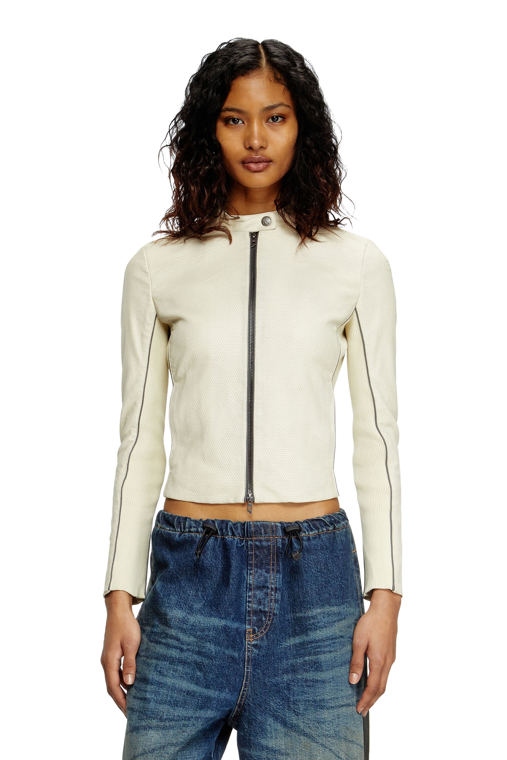 Diesel - L-IBRA, Giacca biker in pelle stretch traforata Donna in Bianco - 3