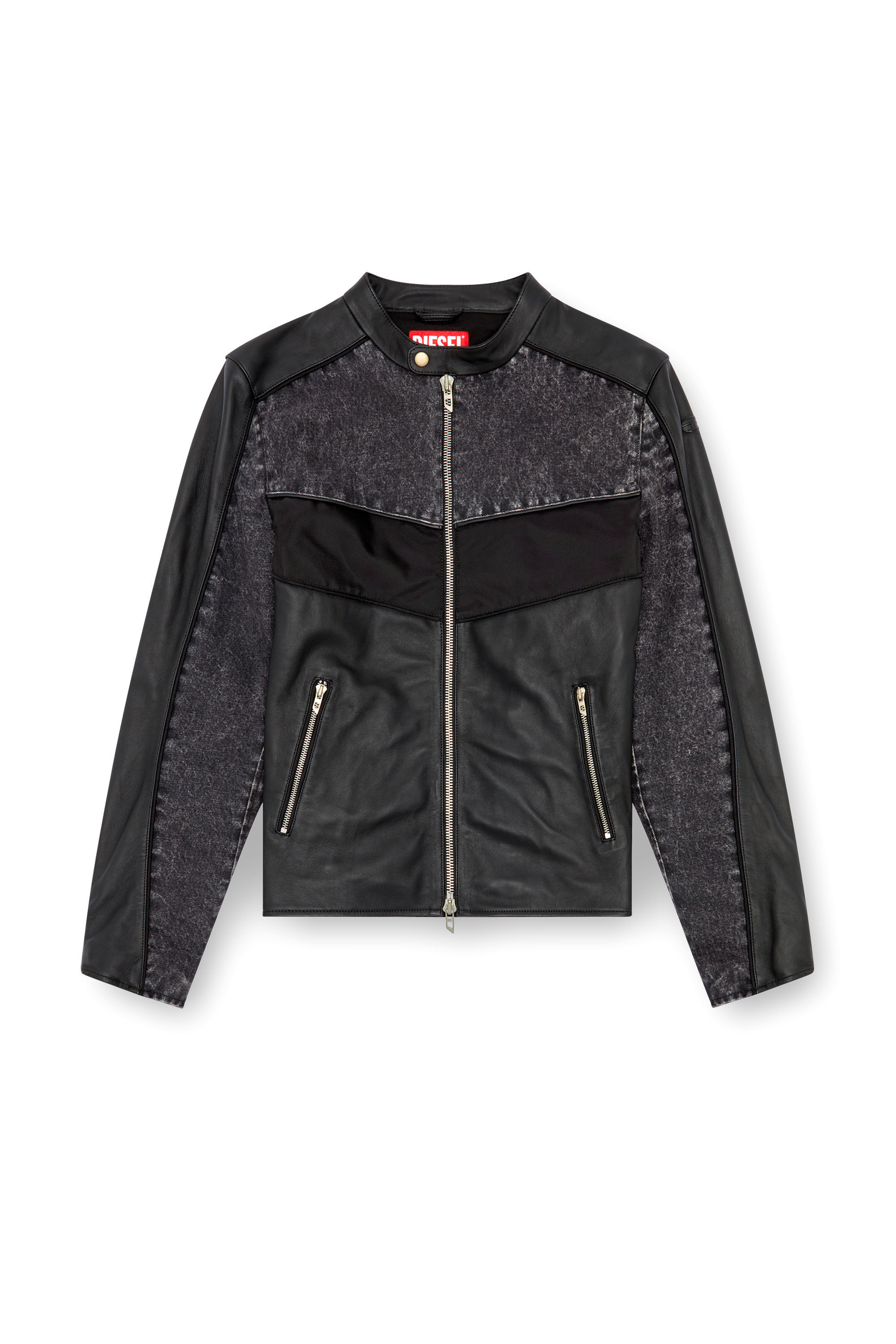 Giacca in pelle con inserti in denim e tessuto Uomo Nero Diesel
