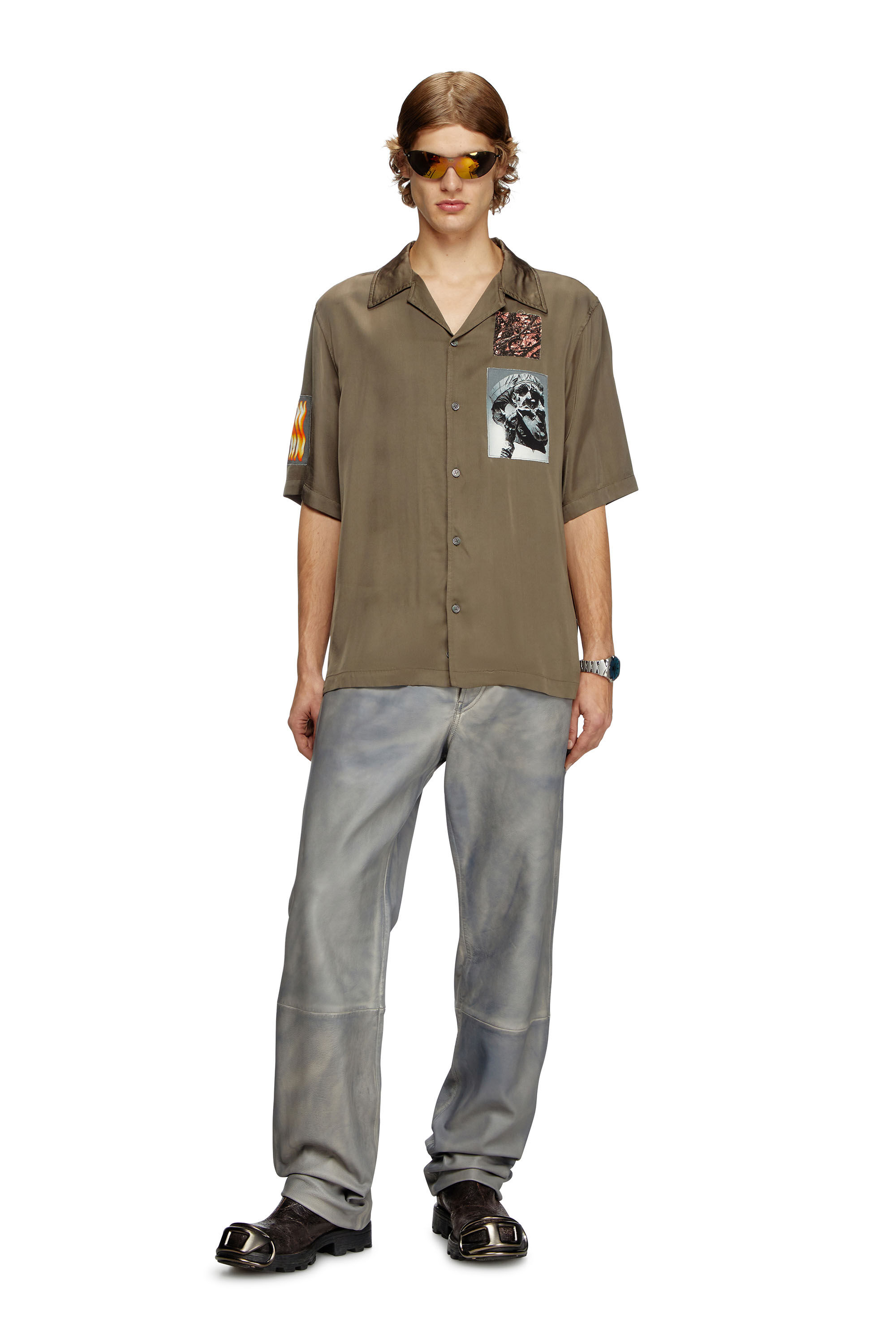 Diesel - S-DAXHE, Camicia a maniche corte in raso con patch Uomo in Verde - 1