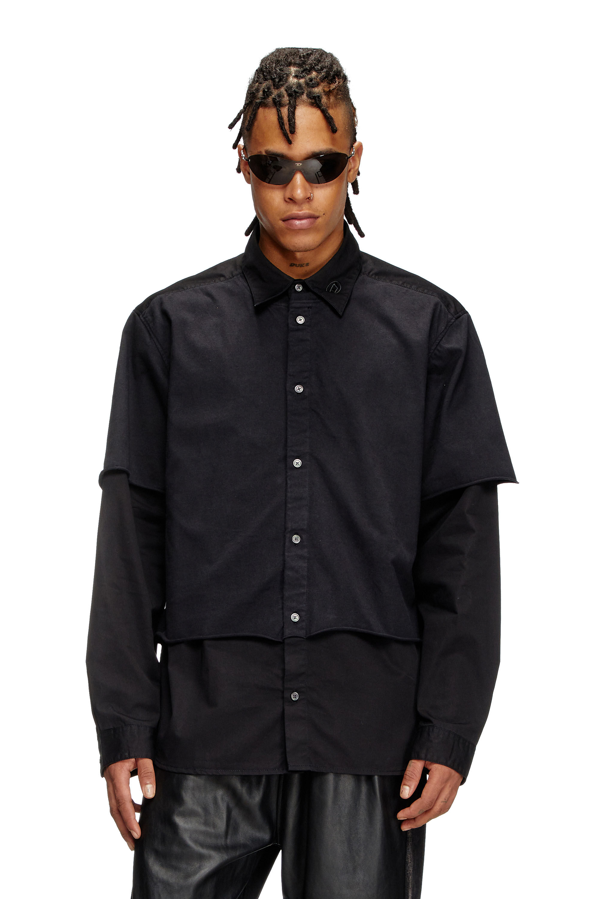 Diesel - S-GASTON-O, Camicia a strati in twill e jersey Uomo in Nero - 3