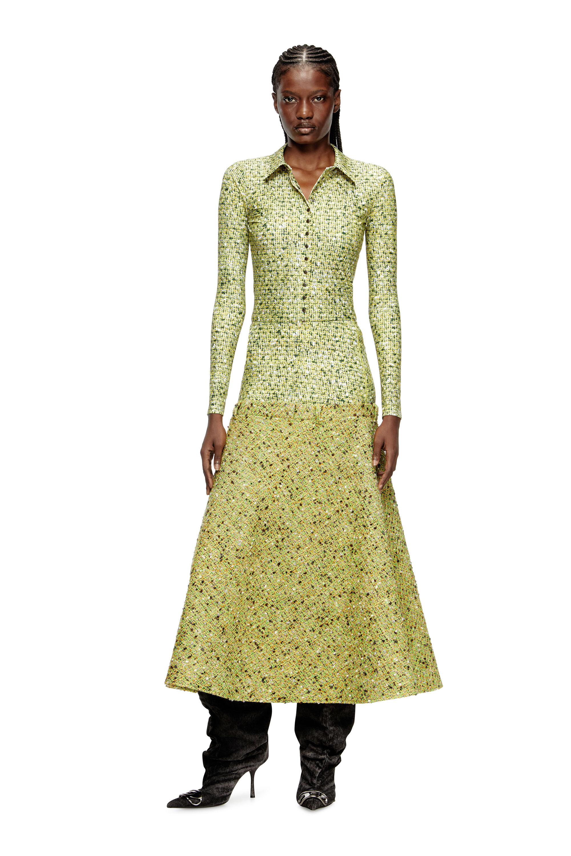 Diesel - O-GRACE-MIX, Gona bouclé con vita in lycra Donna in Verde - 1
