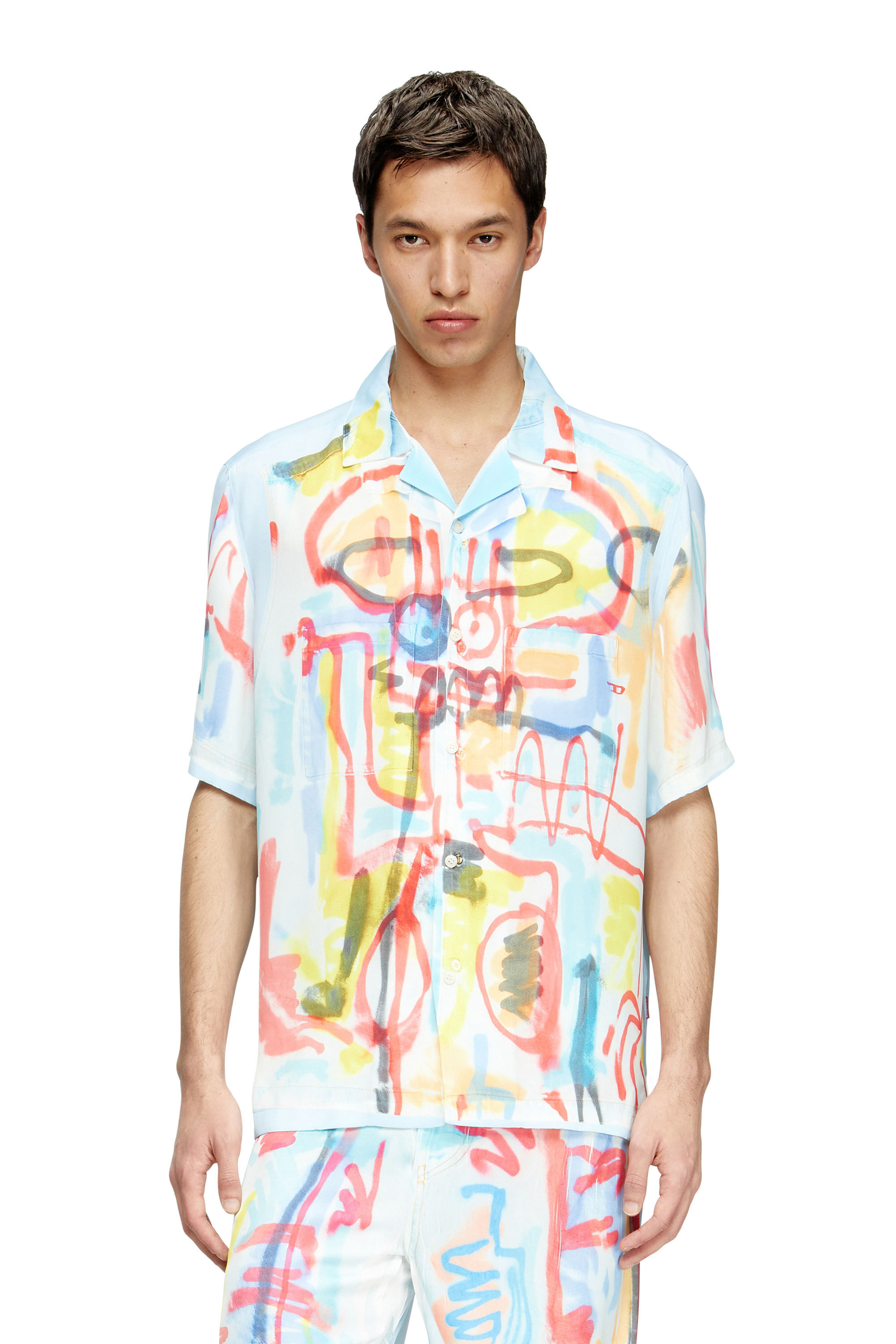 Diesel - C-PAROSHORT-GRAFFITI-AFR, Camicia bowling in raso con stampa graffiti Unisex in Blu - 3