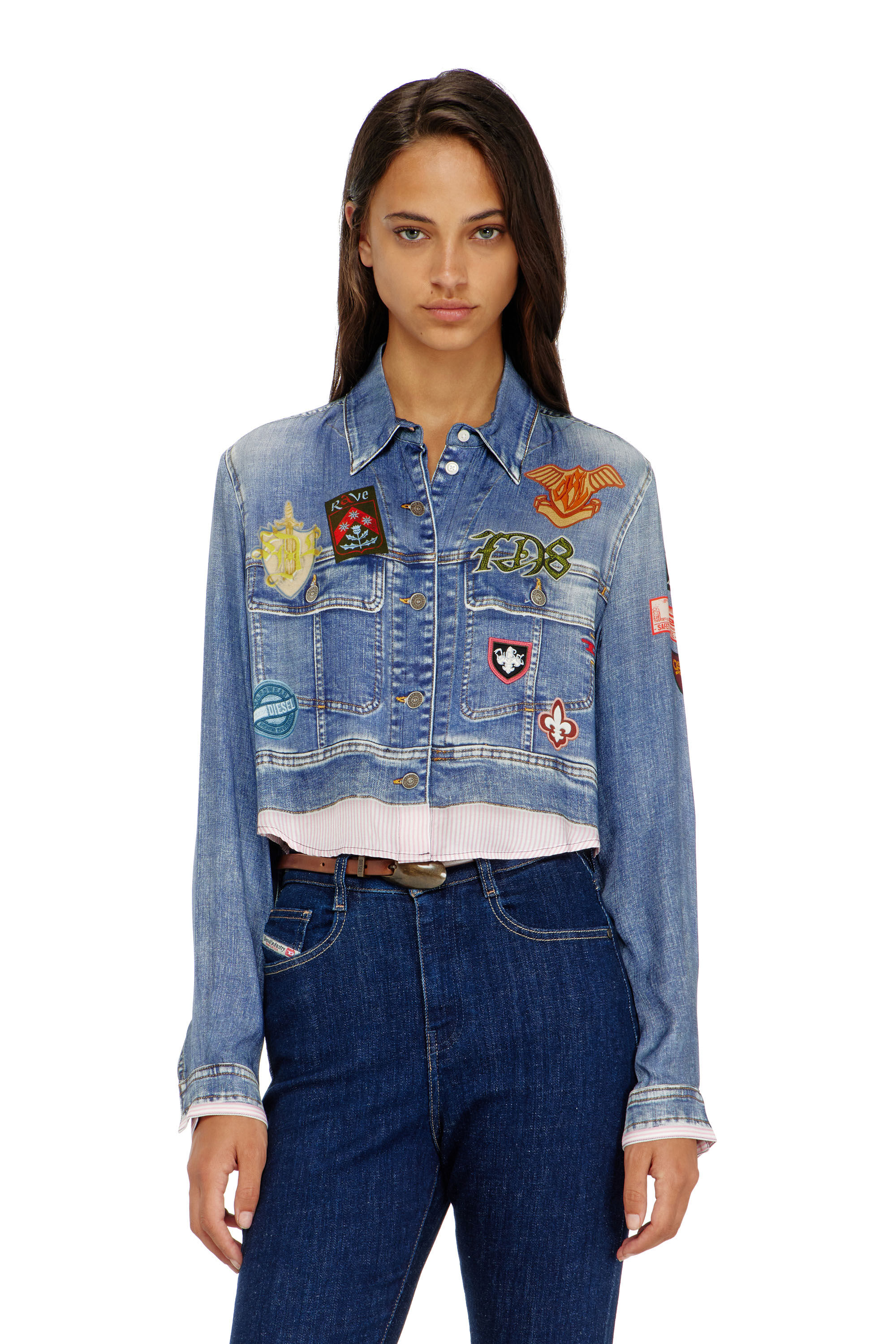 Diesel - C-LONE, Woman's Cropped satin shirt with trompe-l&rsquo;oeil denim print in null - 3