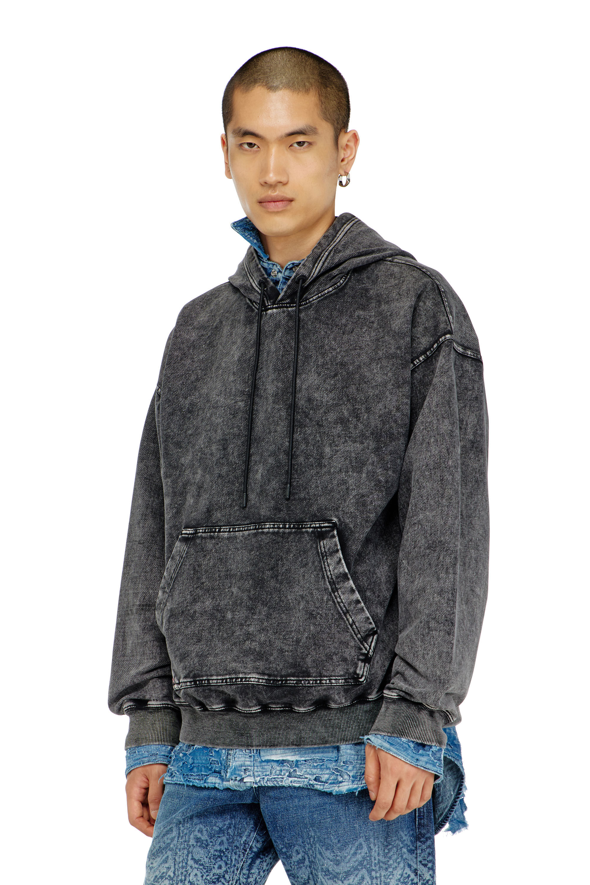 Diesel - S-BOXT-HOOD-TUK, Felpa con cappuccio effetto denim lavorato Uomo in Grigio - 3