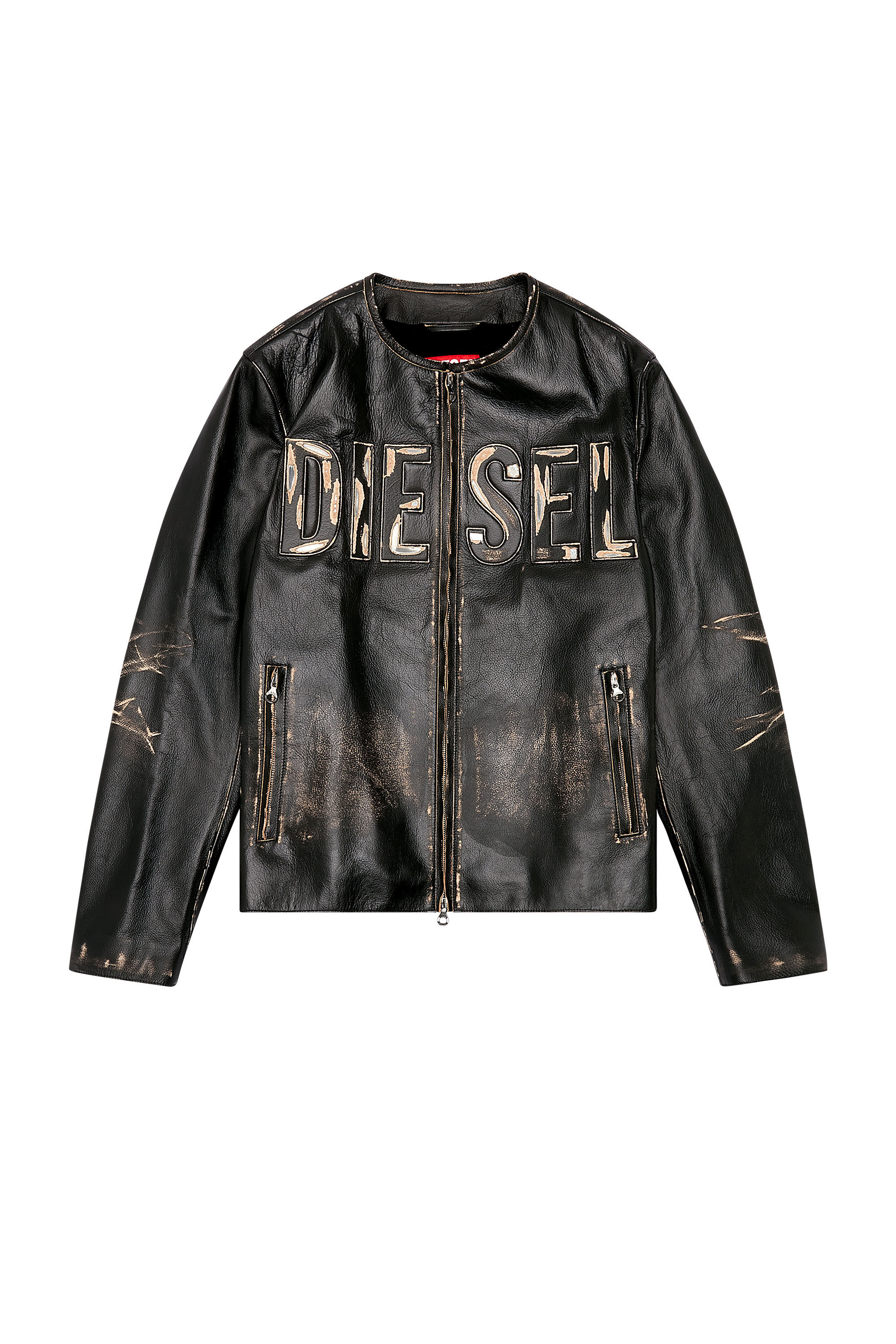 Diesel - L-MET, Man Distressed leather jacket with metal logo in Black - Image 2