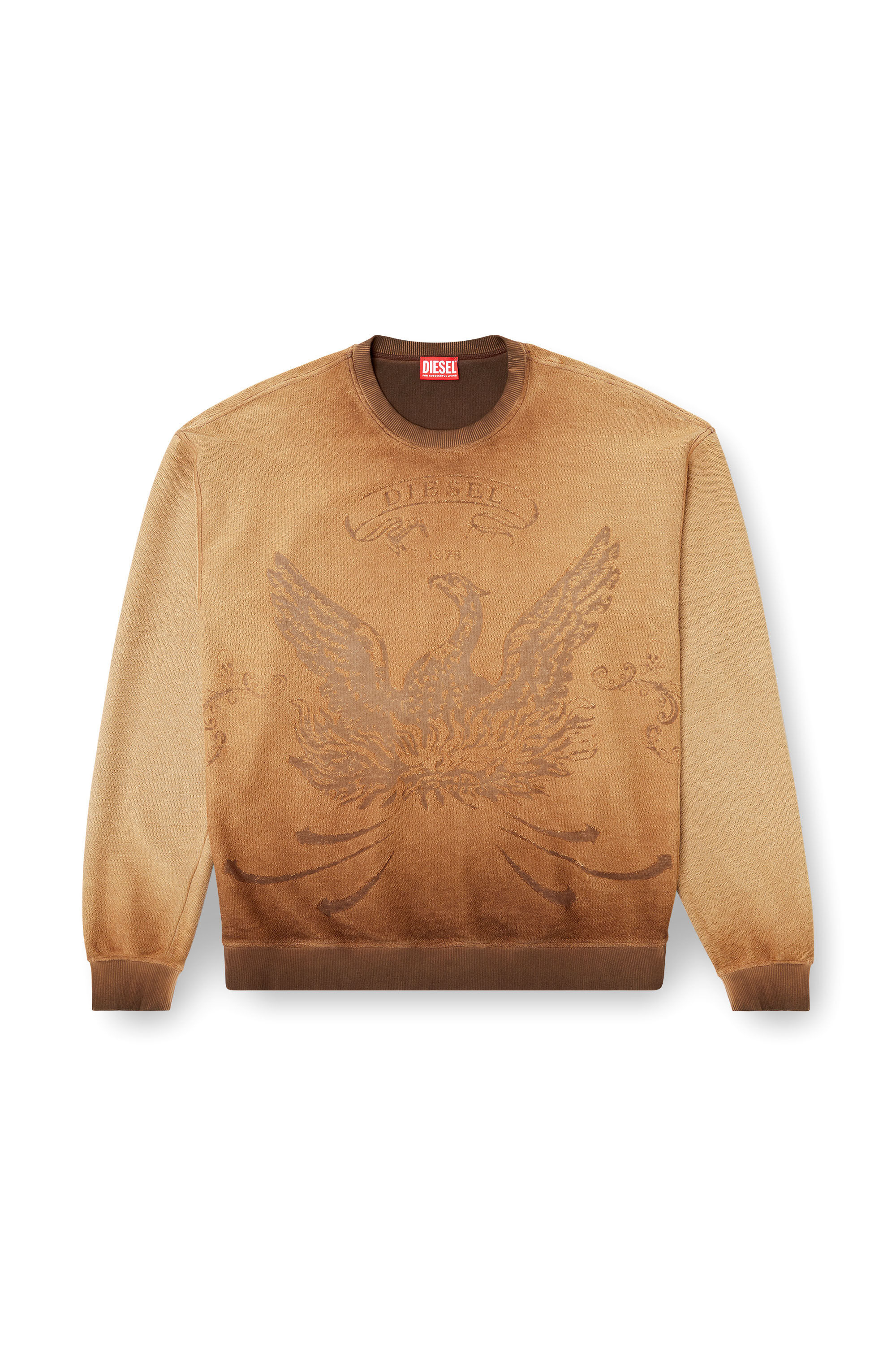 Diesel - S-ARON, Felpa sfumata con logo Phoenix devoré Uomo in Marrone - 2