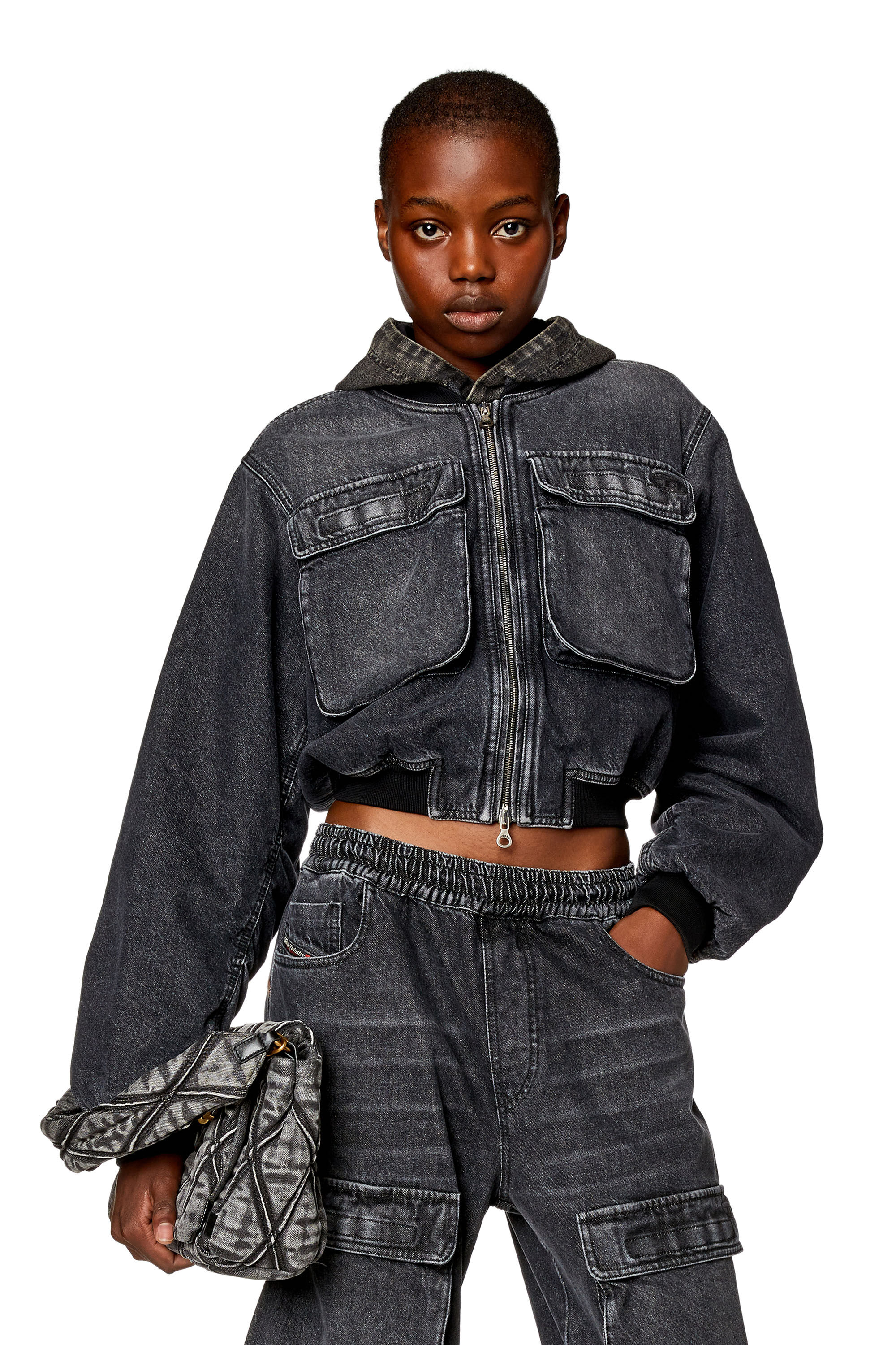 Giacca cropped donna in denim fisso Nero Set di jeans Diesel