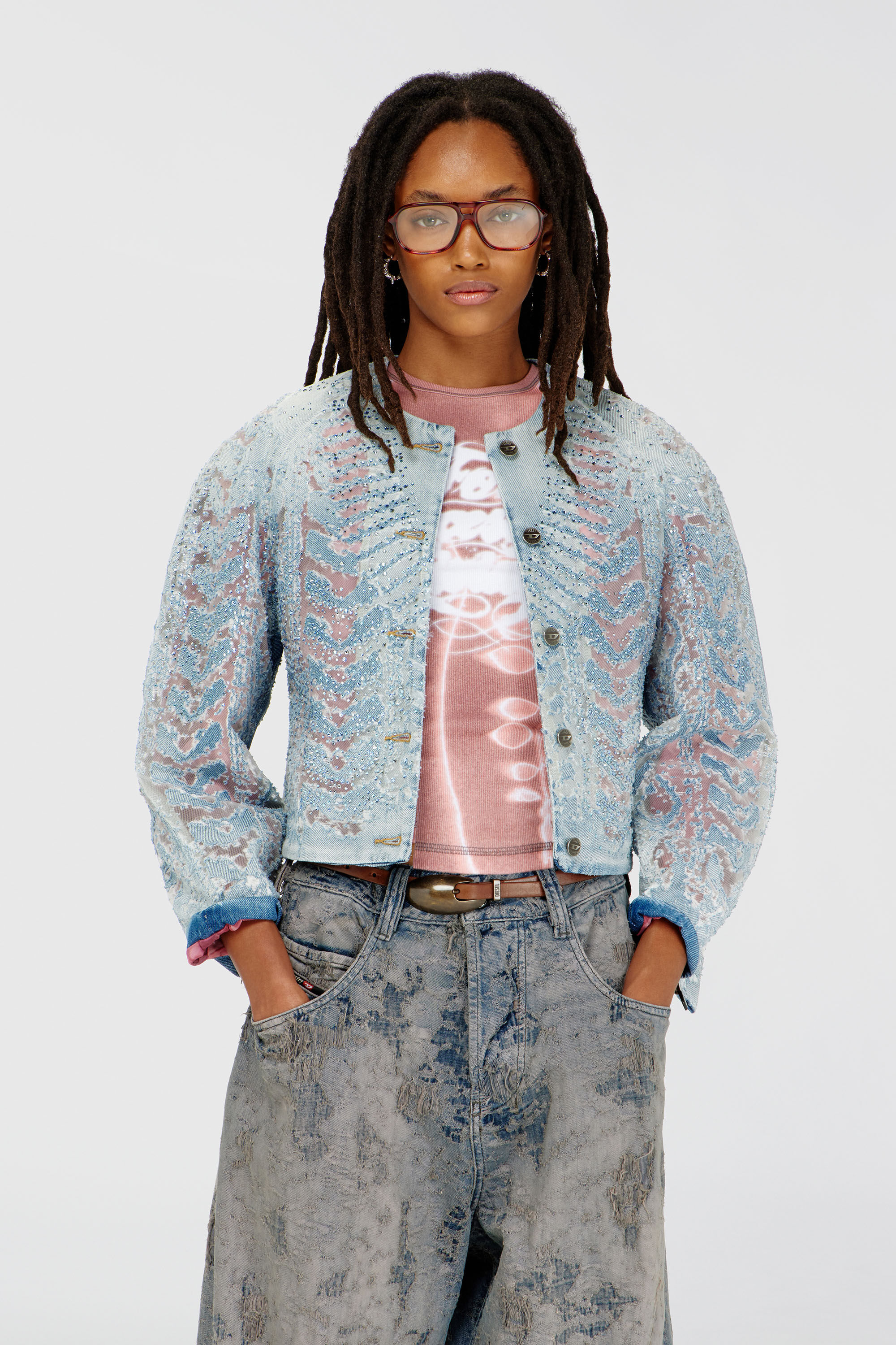 Diesel - DE-SOLIXIA-S, Woman's Jacket in microstone devor&eacute; denim in Light Blue - 3