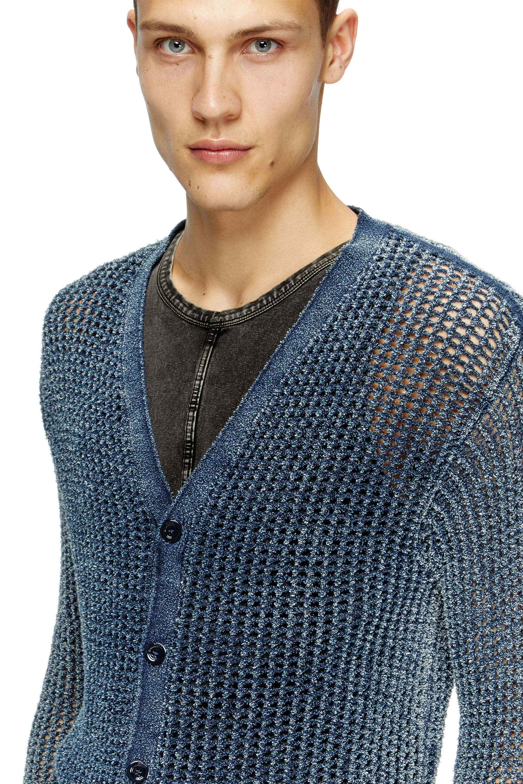 Diesel - K-REDRAM, Cardigan traforato in filato denim Uomo in Blu - 5