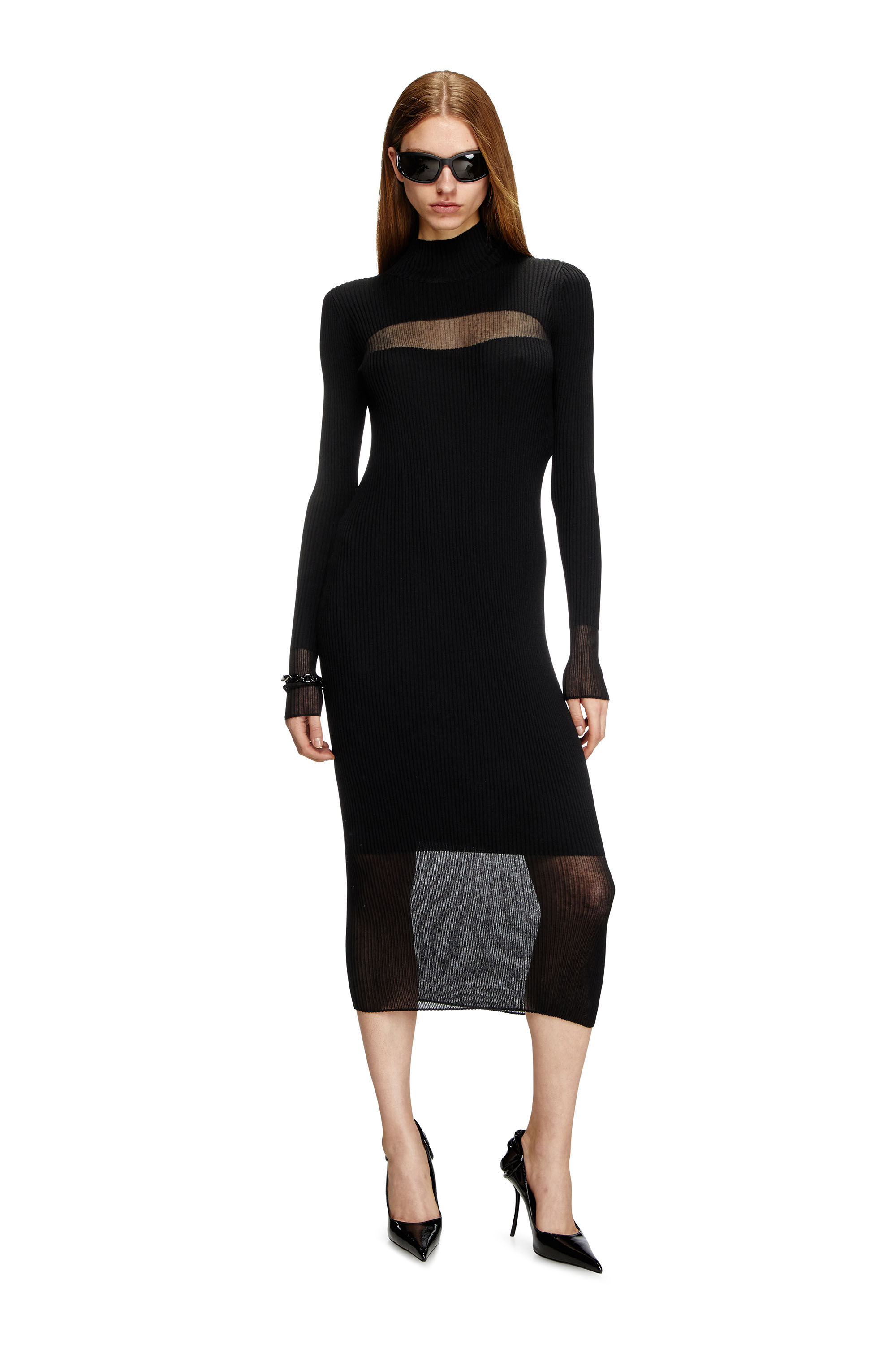 Diesel - M-SLINT, Abito midi a coste con pannelli trasparenti Donna in Nero - 3