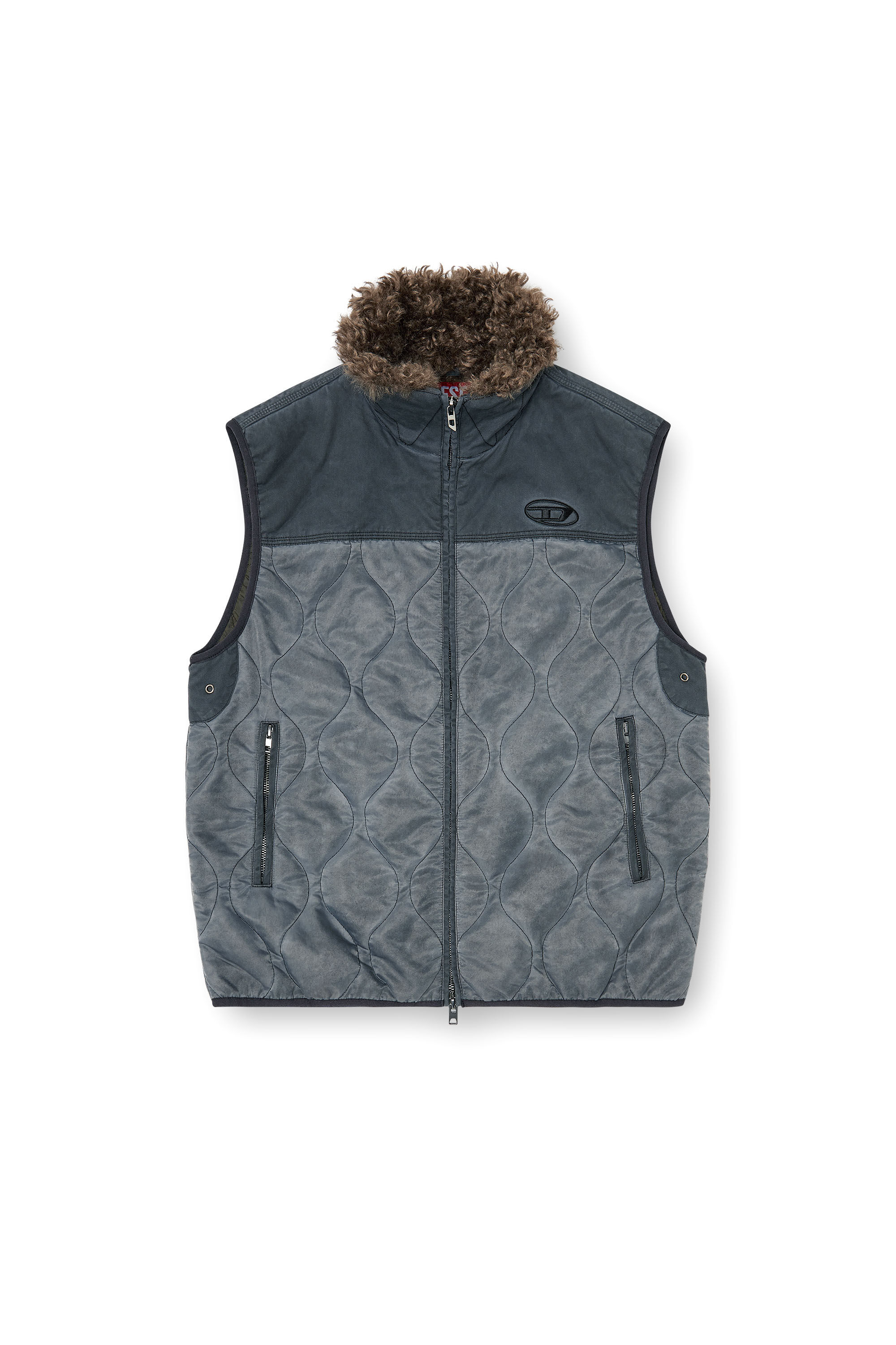 Diesel - J-ALVAR, Man's Quilted vest with fluffy neck lining in Dark grey - 2