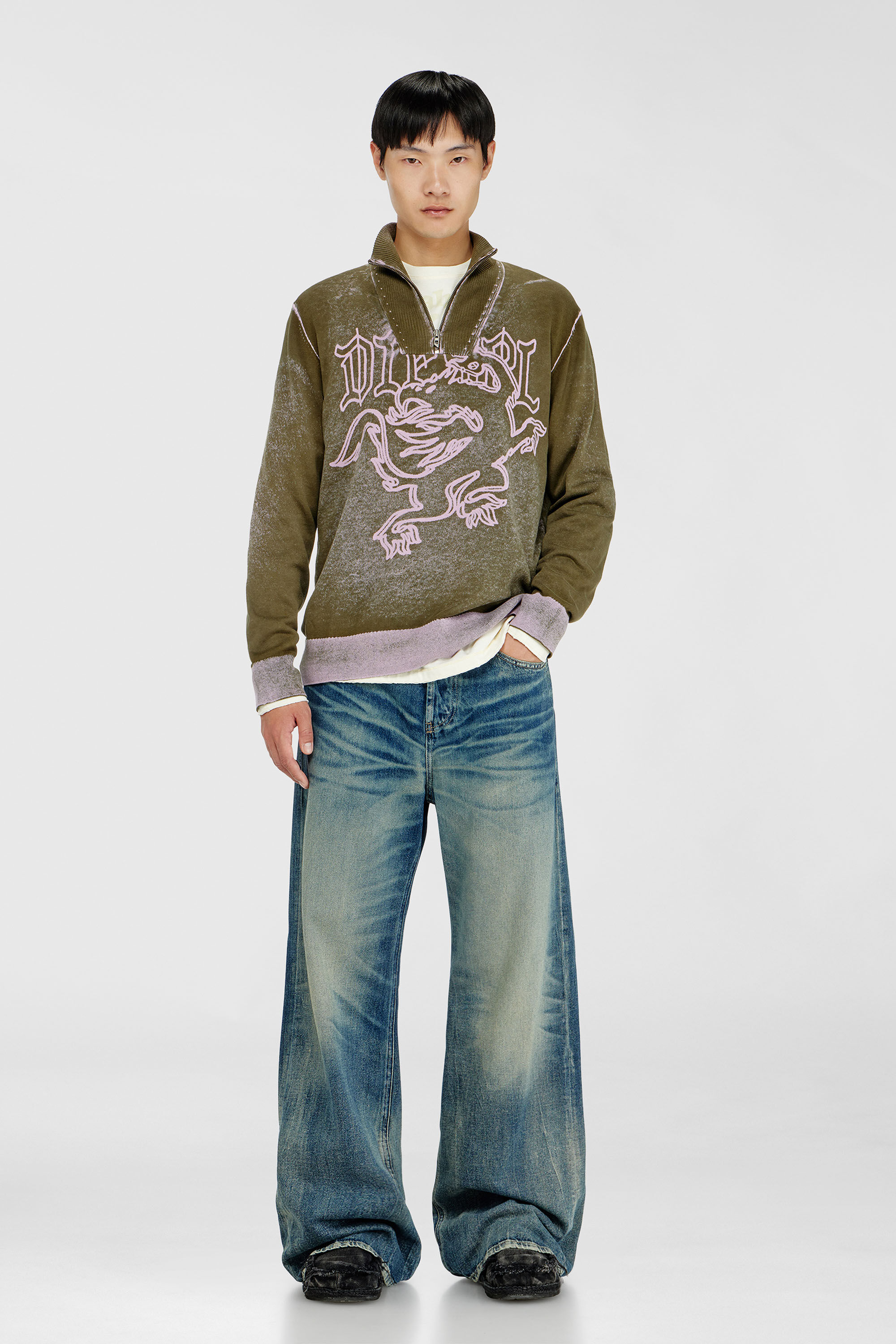 Diesel - K-LAUTARE, Maglia half-zip lavorata con motivo grifone Uomo in Verde - 1