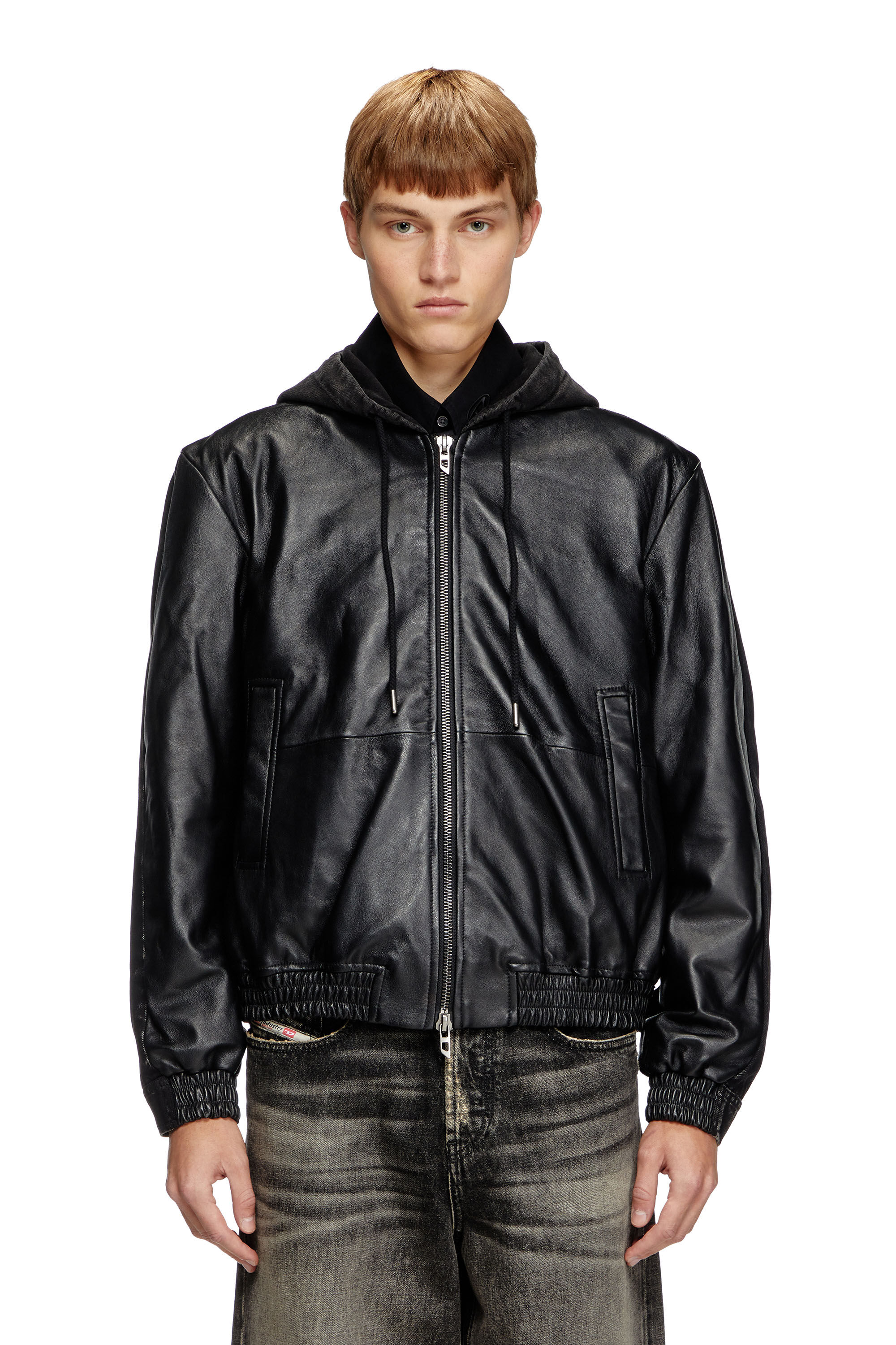 Men's Hooded jacket in leather, cotton and denim | Black | Diesel