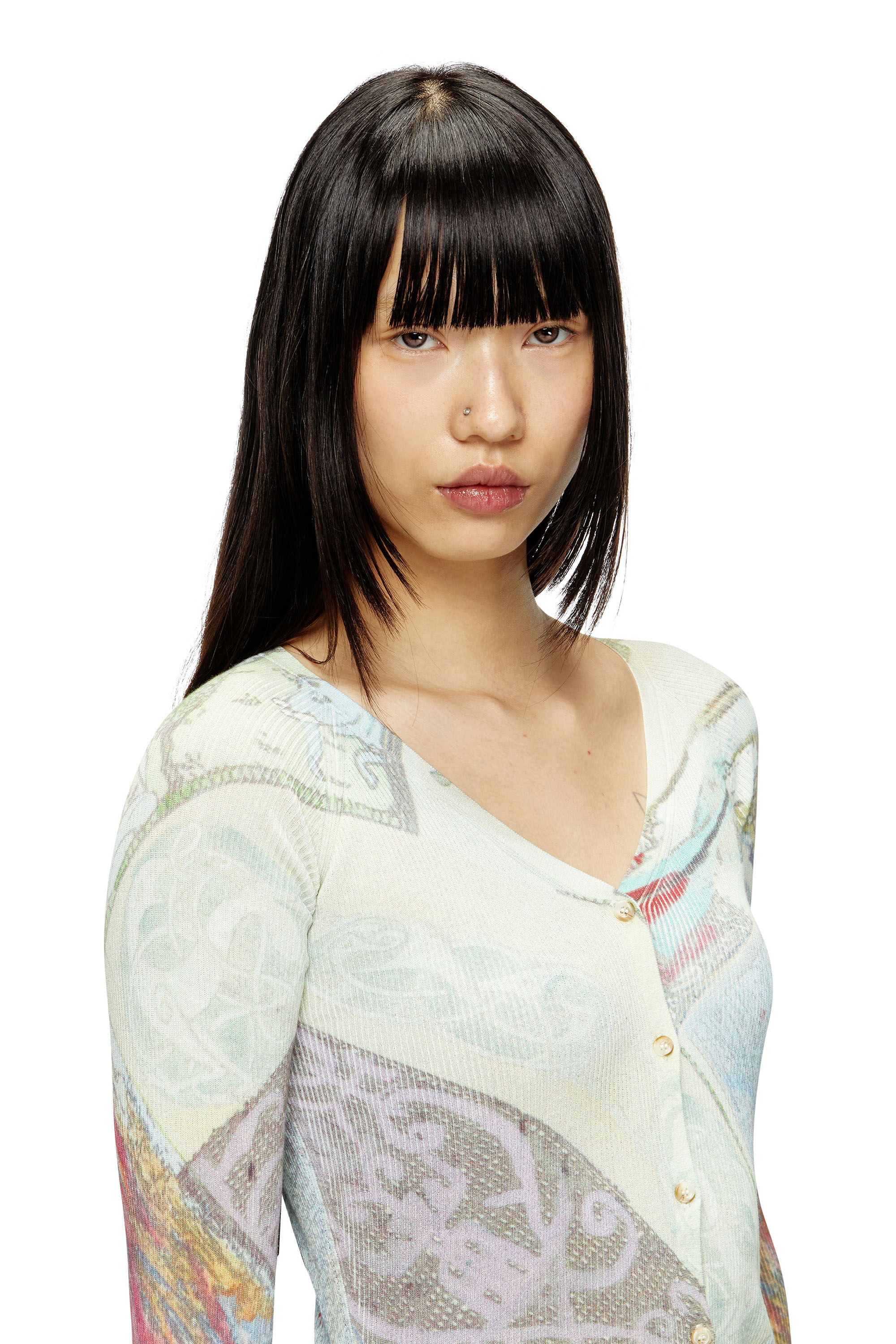 Diesel - M-FIORINA, Cardigan lunghezza cropped con stampa medievale Donna in Multicolor - 4