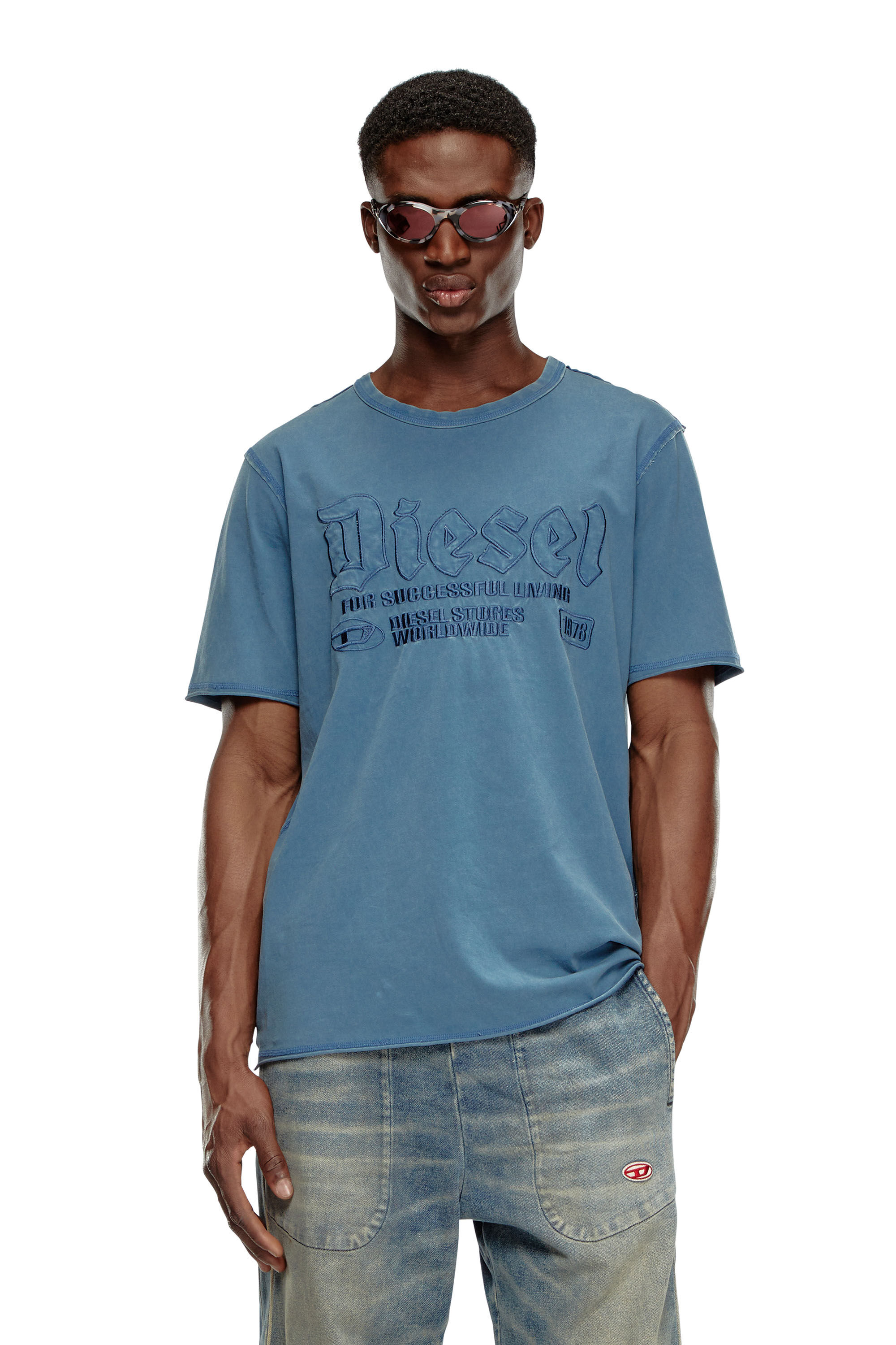 T shirt sfumata con ricamo in tono Uomo Blu Diesel