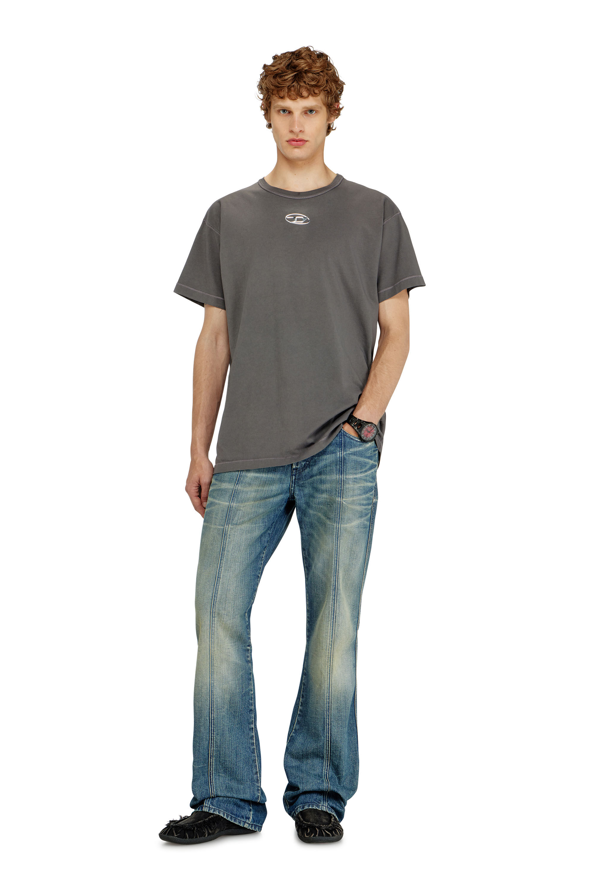Diesel - T-NORM-IOD, T-shirt in cotone leggero con logo Oval D metallizzato Uomo in Grigio - 1