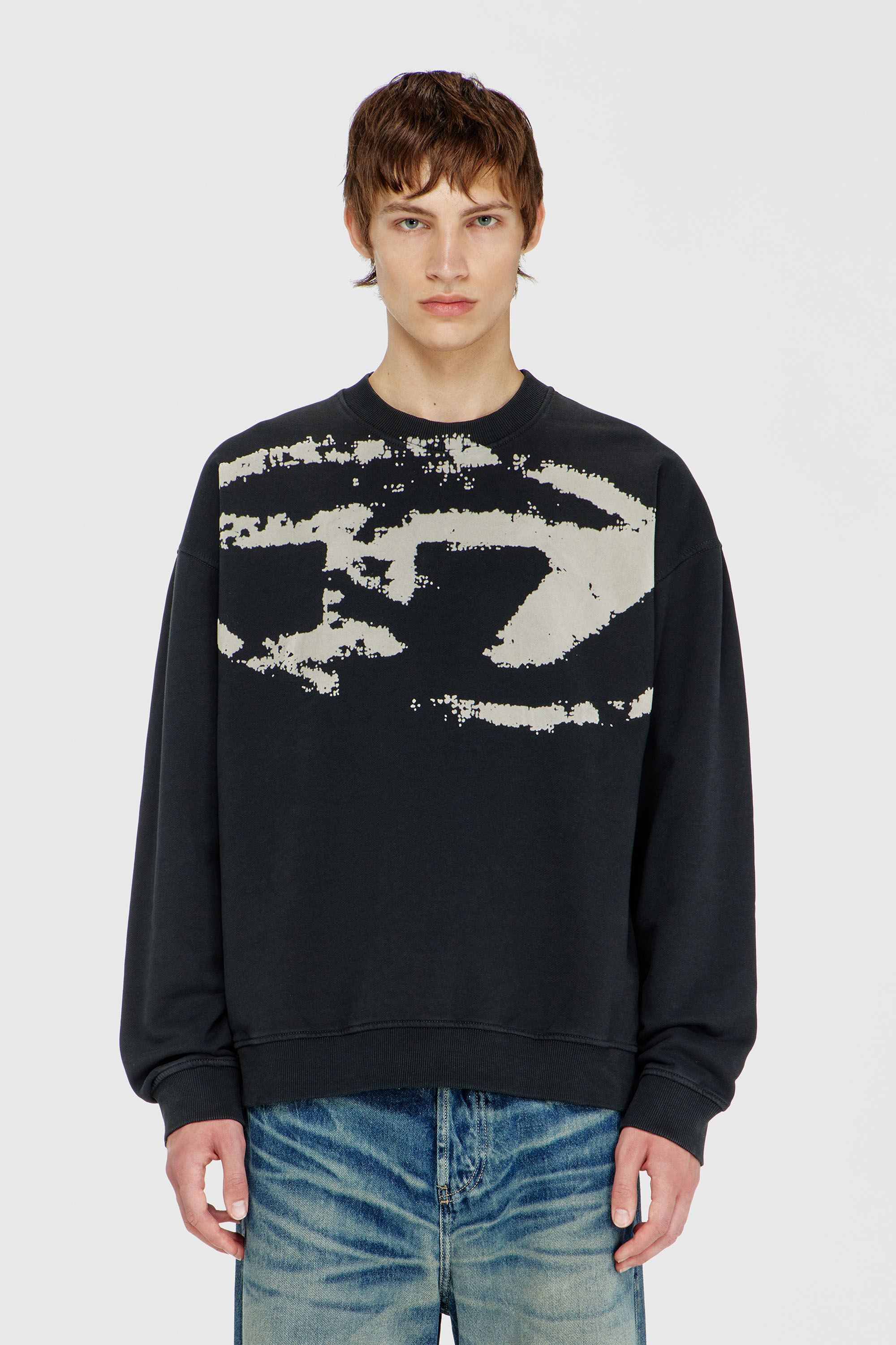 Diesel - S-BOXT-N5, Felpa in cotone con logo Oval D floccato Uomo in Nero - 5