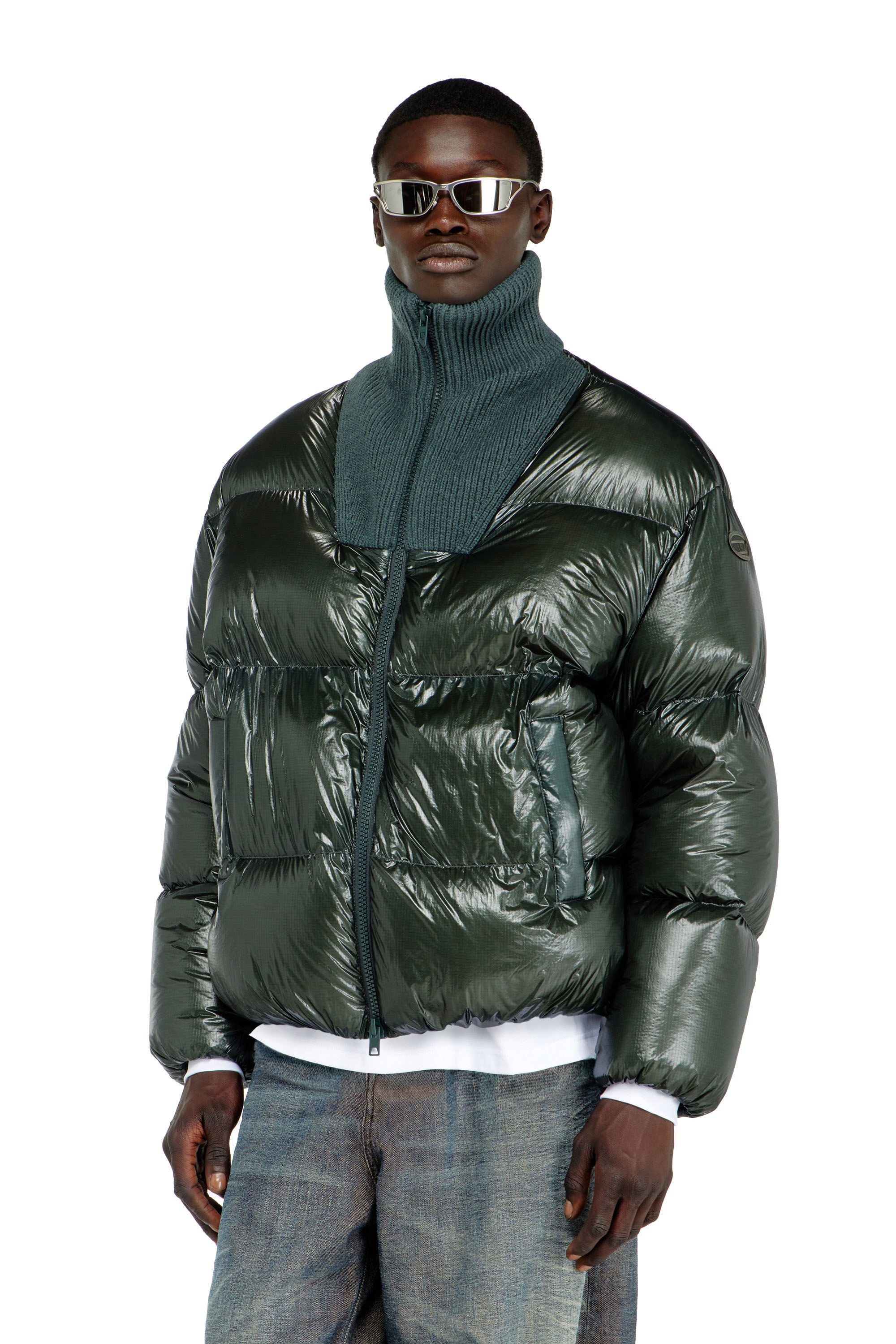 Diesel - W-RIBB, Piumino in ripstop con collo a costine Uomo in Verde - 3