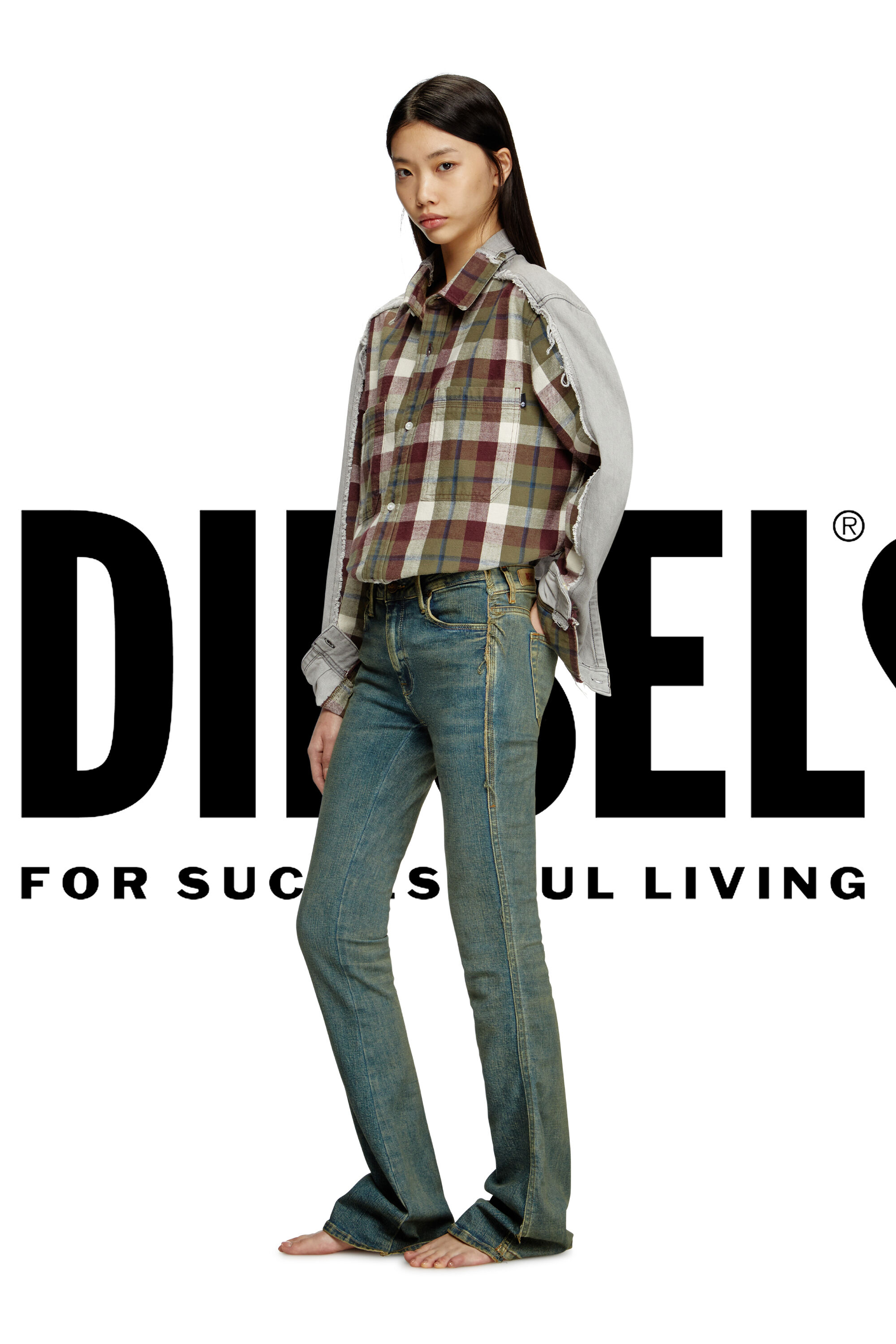 Diesel - Shirt Diseloves 8B, Camicia in tessuto check e denim effetto bleach Unisex in Multicolor - 1