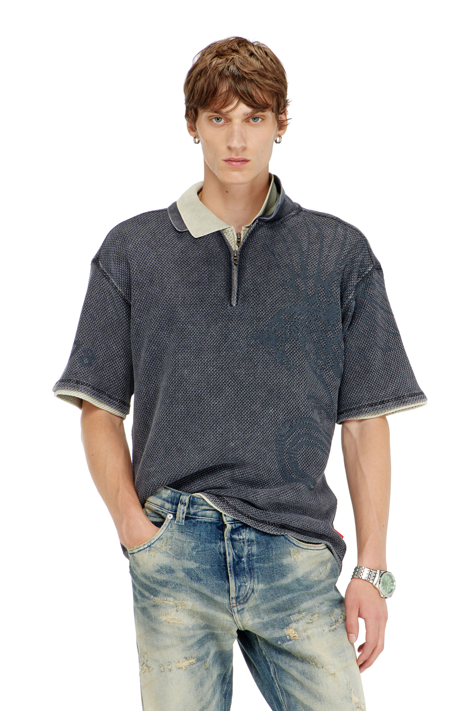 Diesel - T-ERRY-ZIP, Polo in mesh jacquard con stampa Phoenix Uomo in Grigio - 3