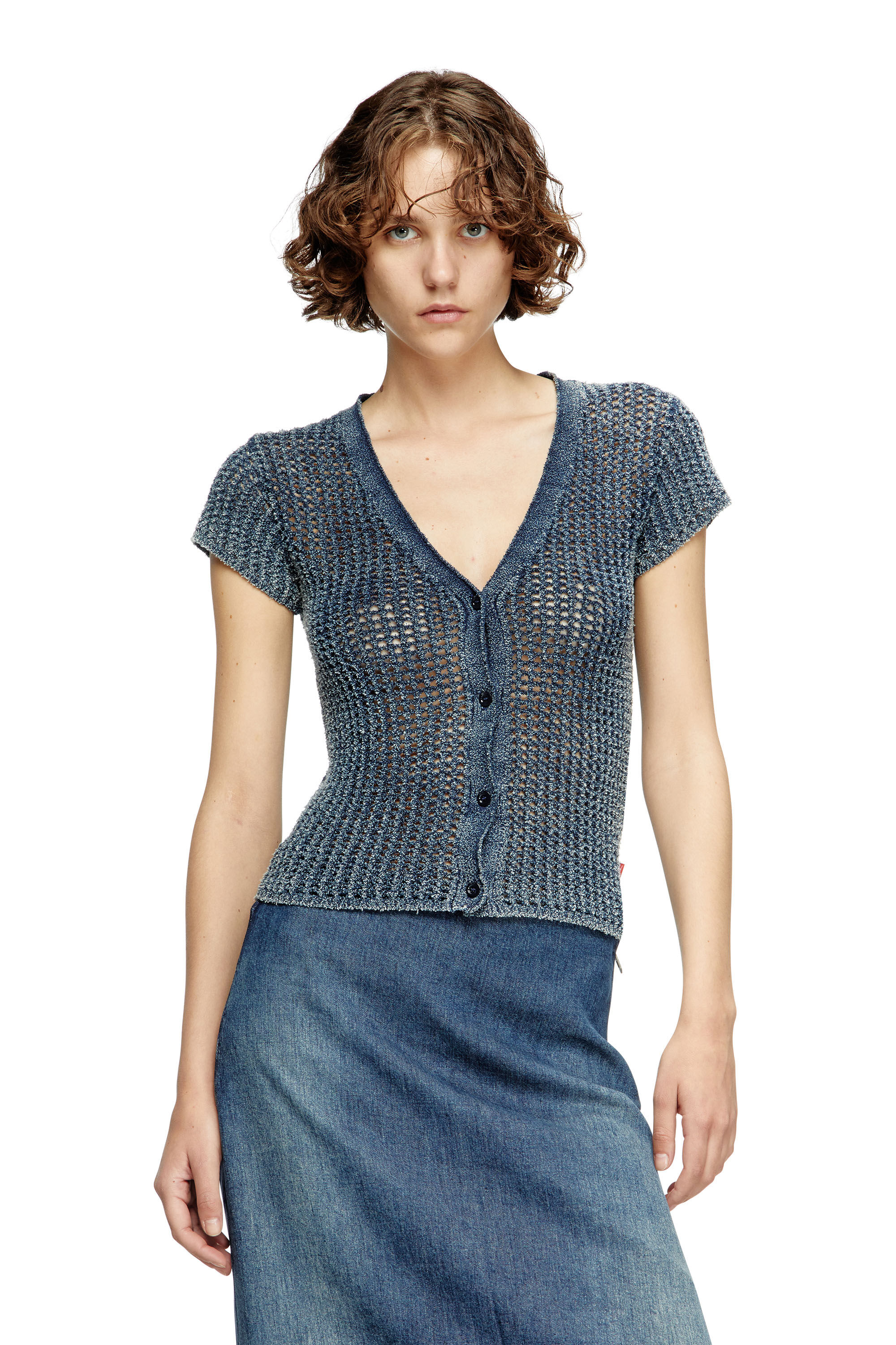 Diesel - M-REZ, Cardigan a maniche corte traforato in denim Donna in Blu - 3