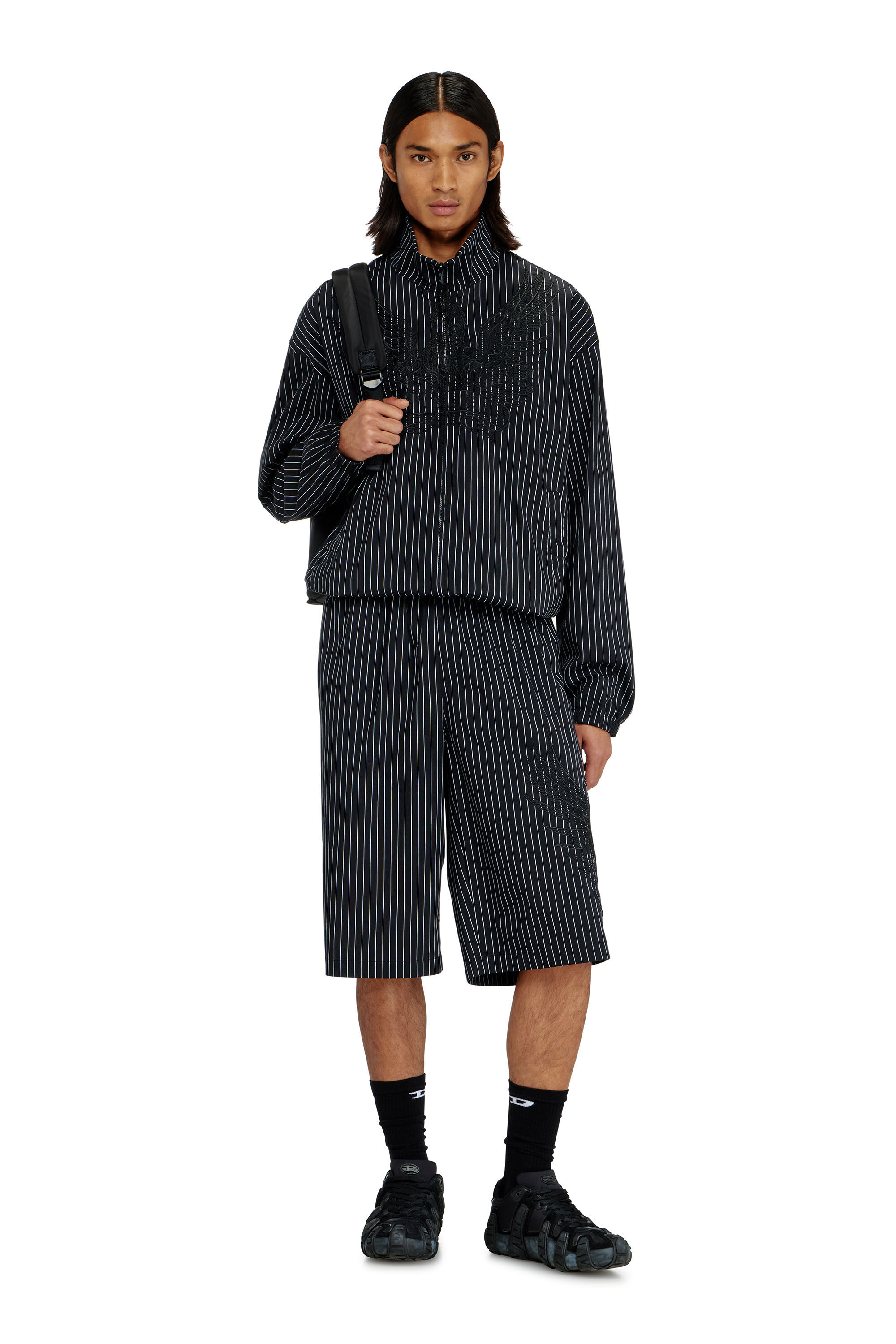 Men's Nylon pinstripe Jacket with Phoenix embroidery | Black | Diesel