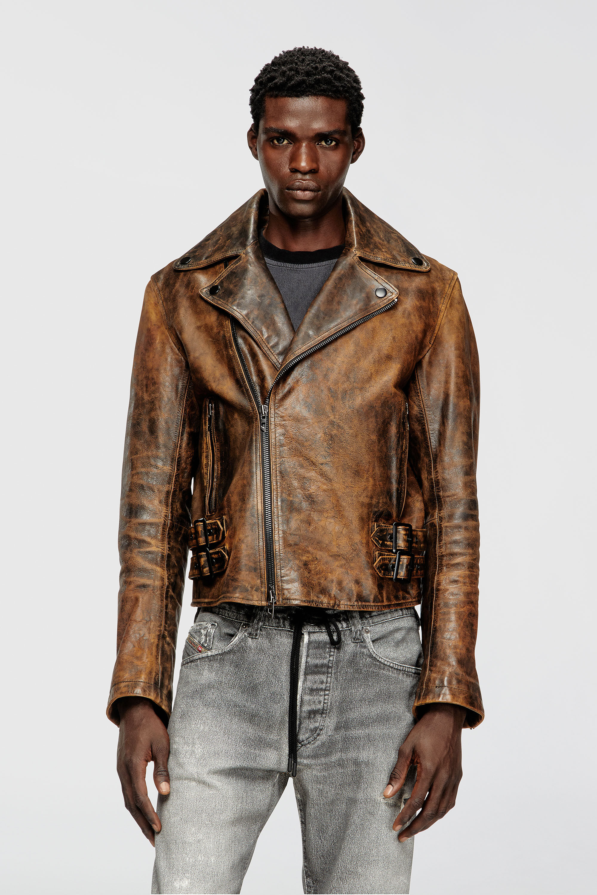 Diesel - L-EON, Man's Biker jacket in treated leather in Brown - 3