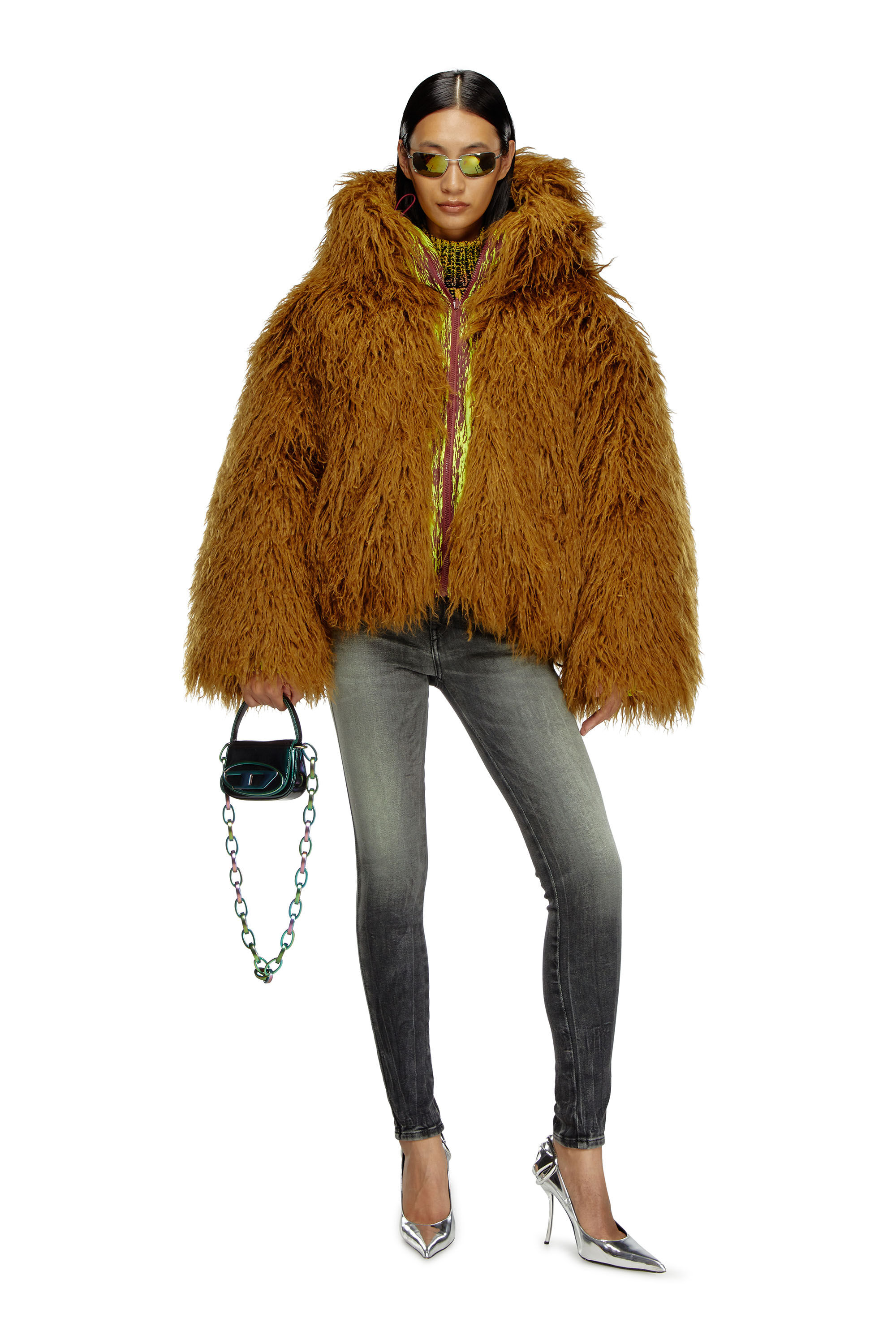 Diesel - W-ASABI, Giacca reversibile in dévoré e shaggy fur Donna in Marrone - 1