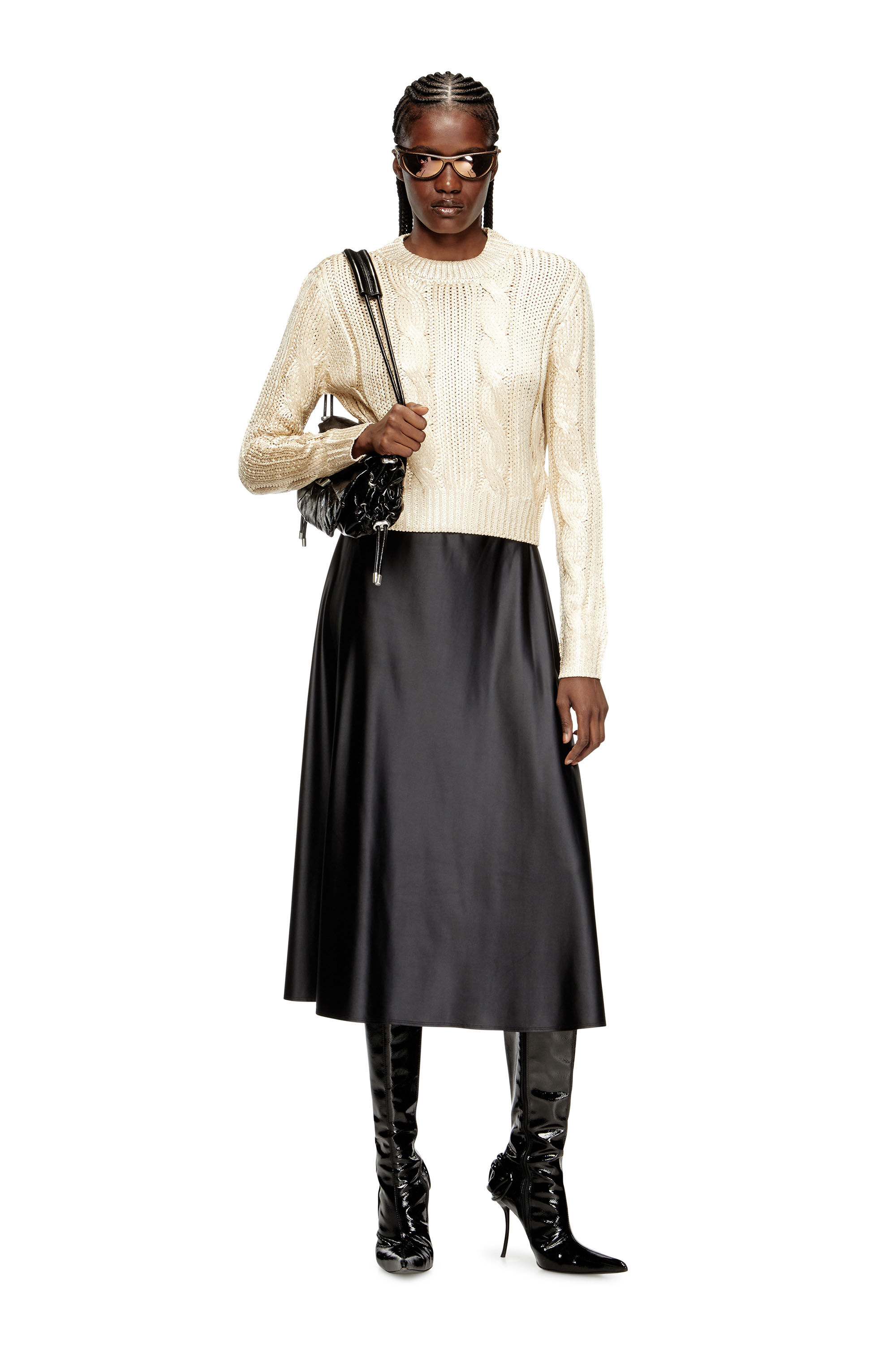 Maglia con lavorazione a treccia e effetto shiny Donna | Beige