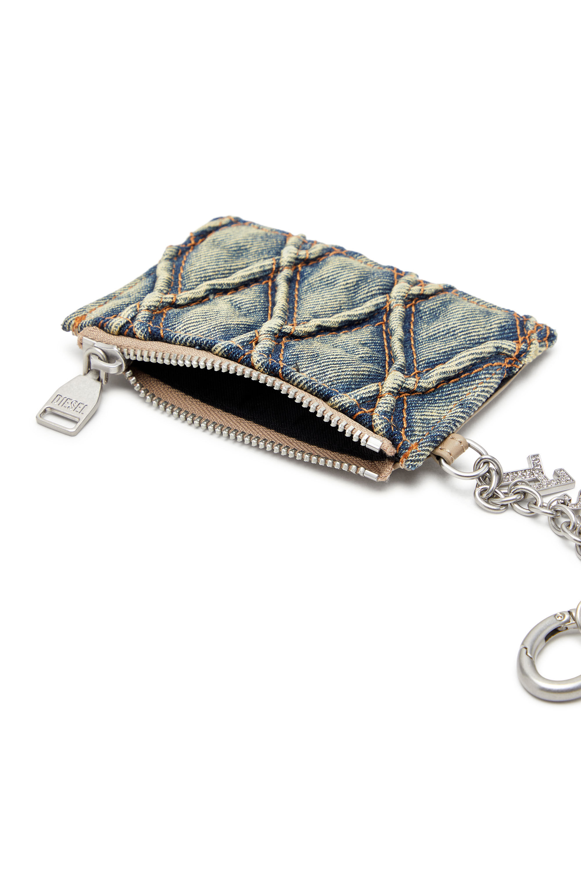Diesel - CARD HOLDER WITH CHAIN, Portacarte in denim trapuntato Donna in Blu - 3