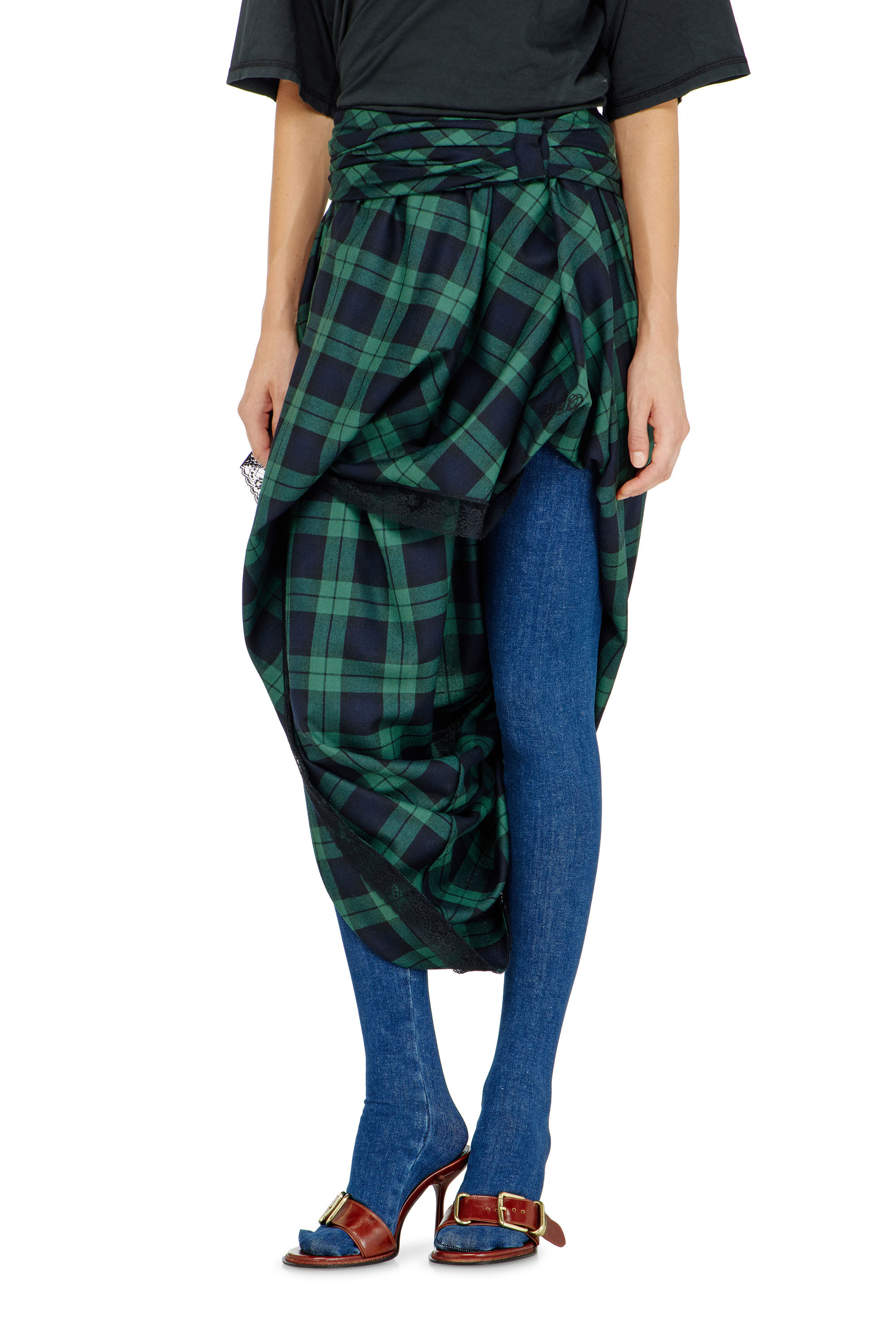Diesel - O-WINNY, Gonna midi tartan drappeggiata con bordo in pizzo Donna in ToBeDefined - 2