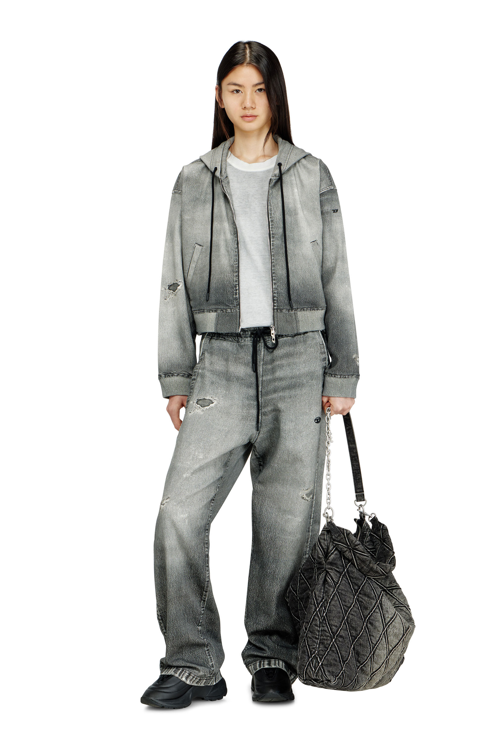 Diesel - DE-GIRI-CROP JOGG, Hoodie con zip in JoggJeans trompe l'oeil Donna in Grigio - 1