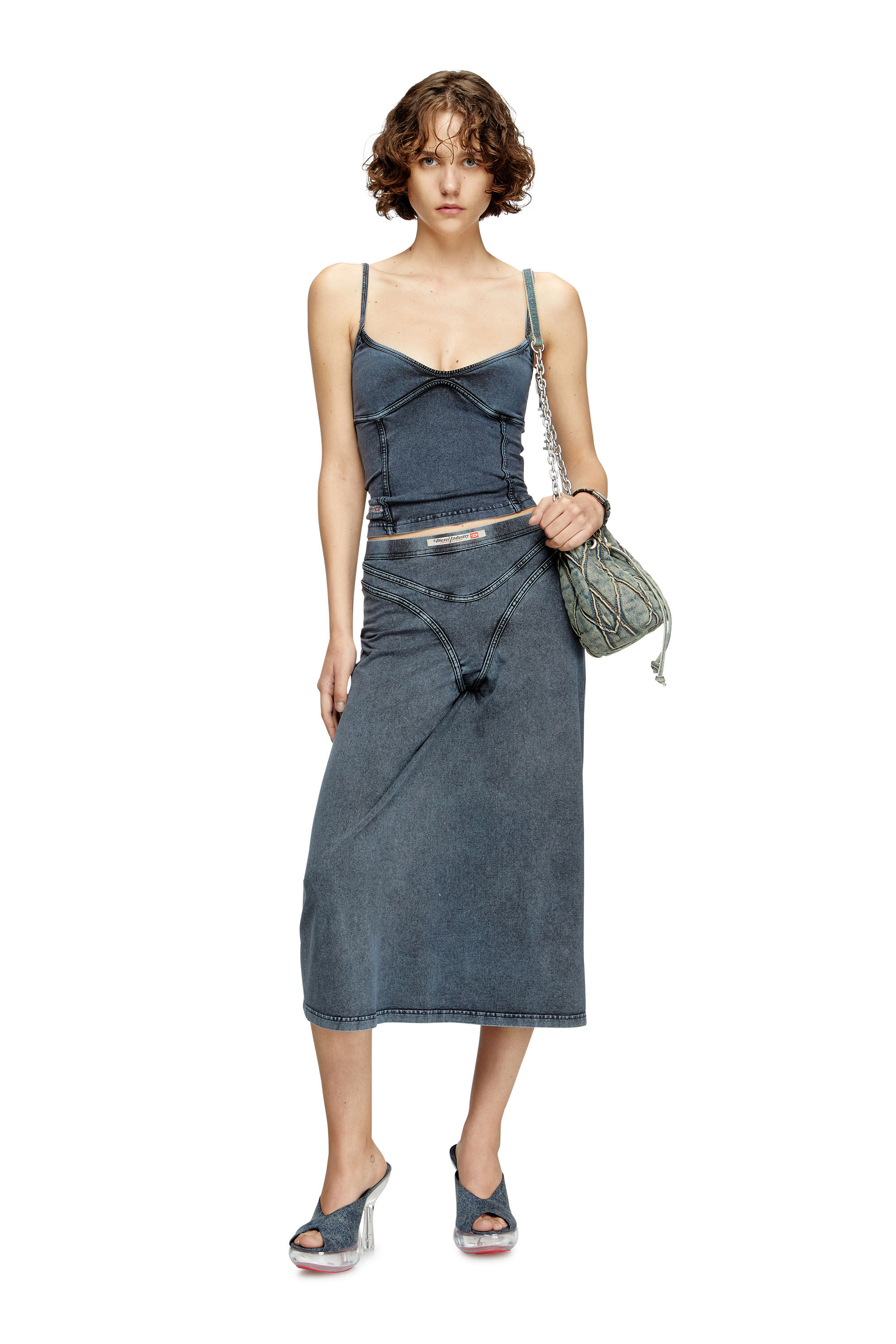 Diesel - T-ONY, Top con spalline in jersey effetto denim Donna in Blu - 1