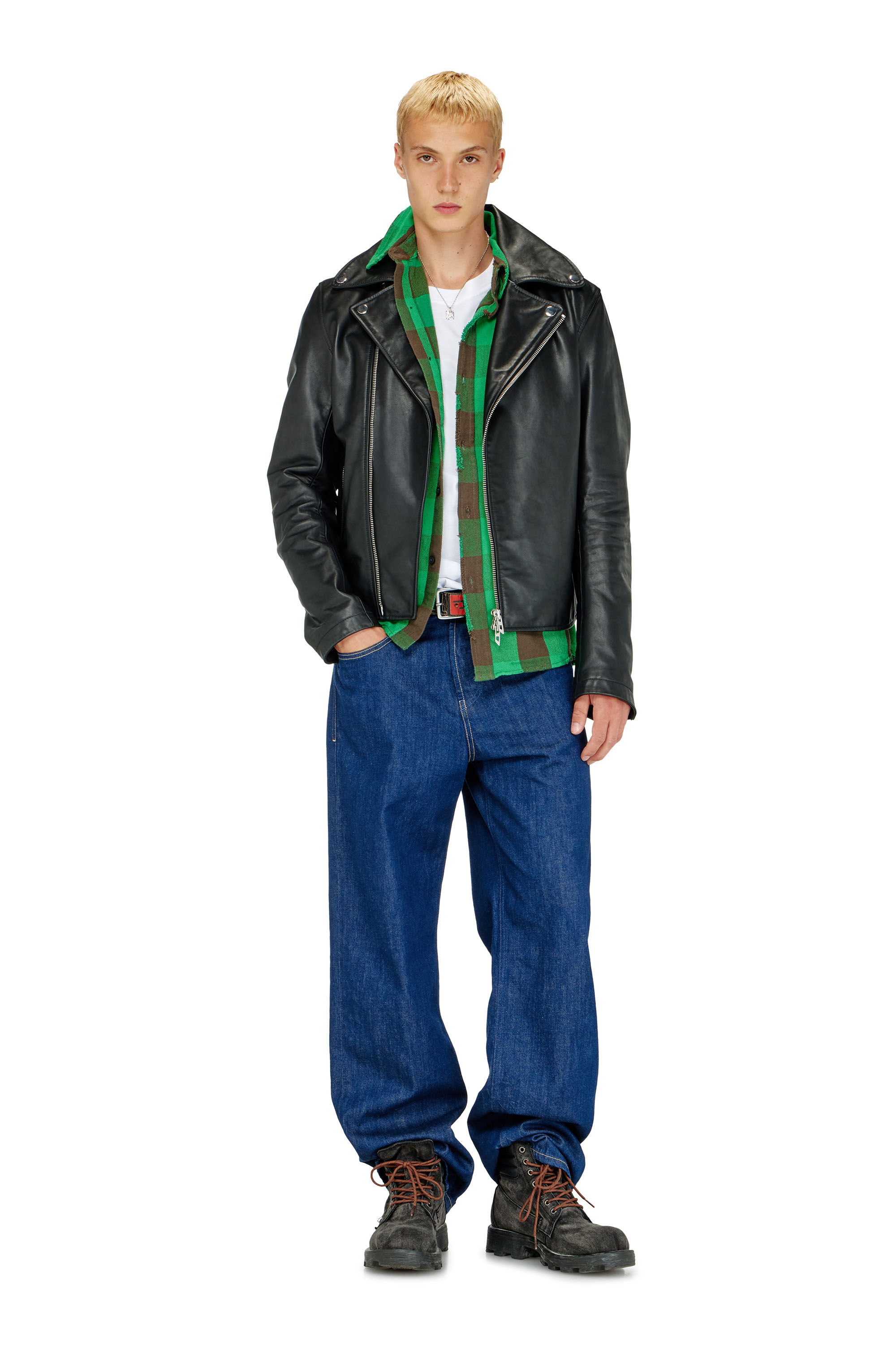 Diesel - L-EO-WRD, Giacca biker in pelle cerata Uomo in Nero - 1