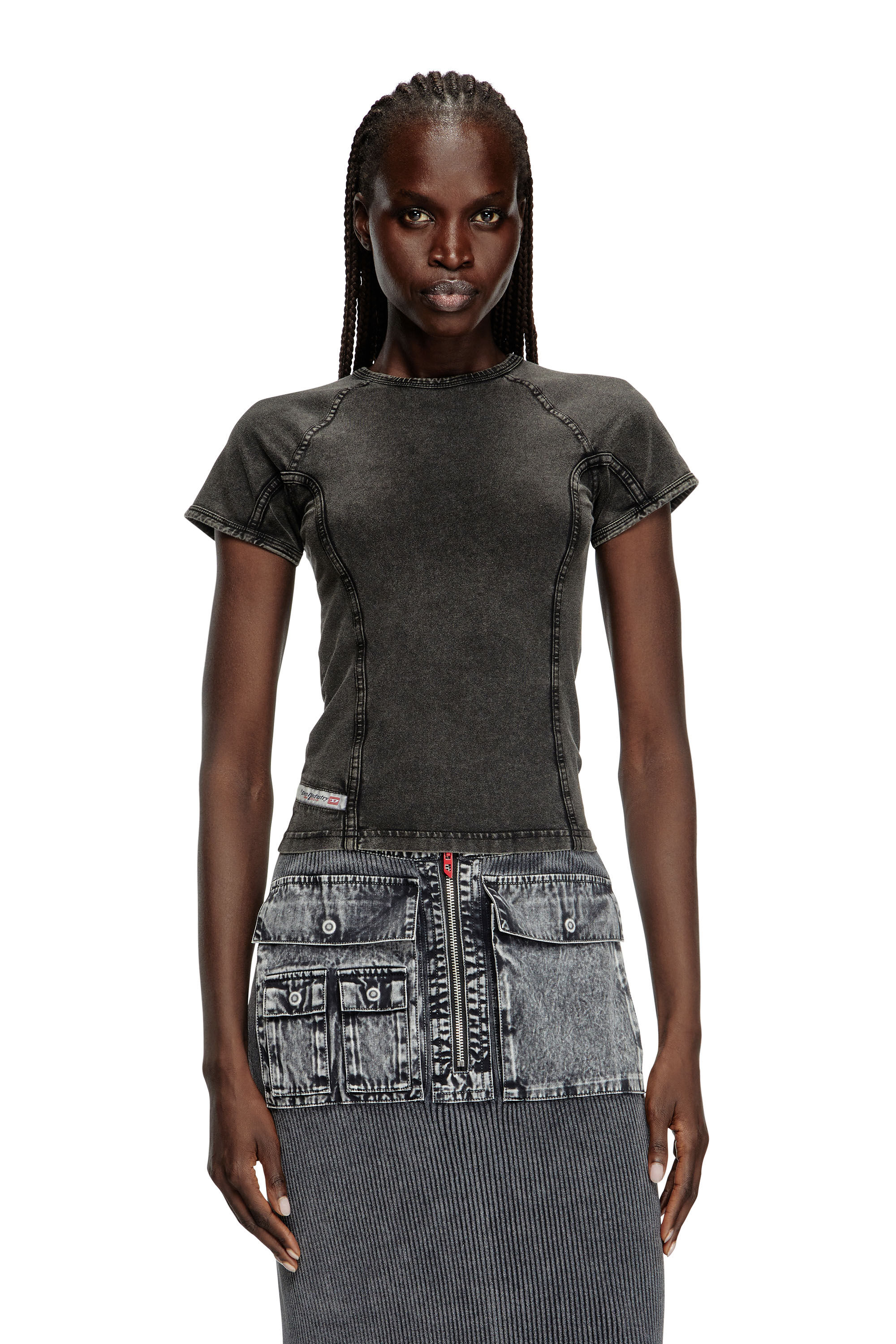 Diesel - T-LYNNE, Top in jersey stretch effetto denim Donna in Nero - 3