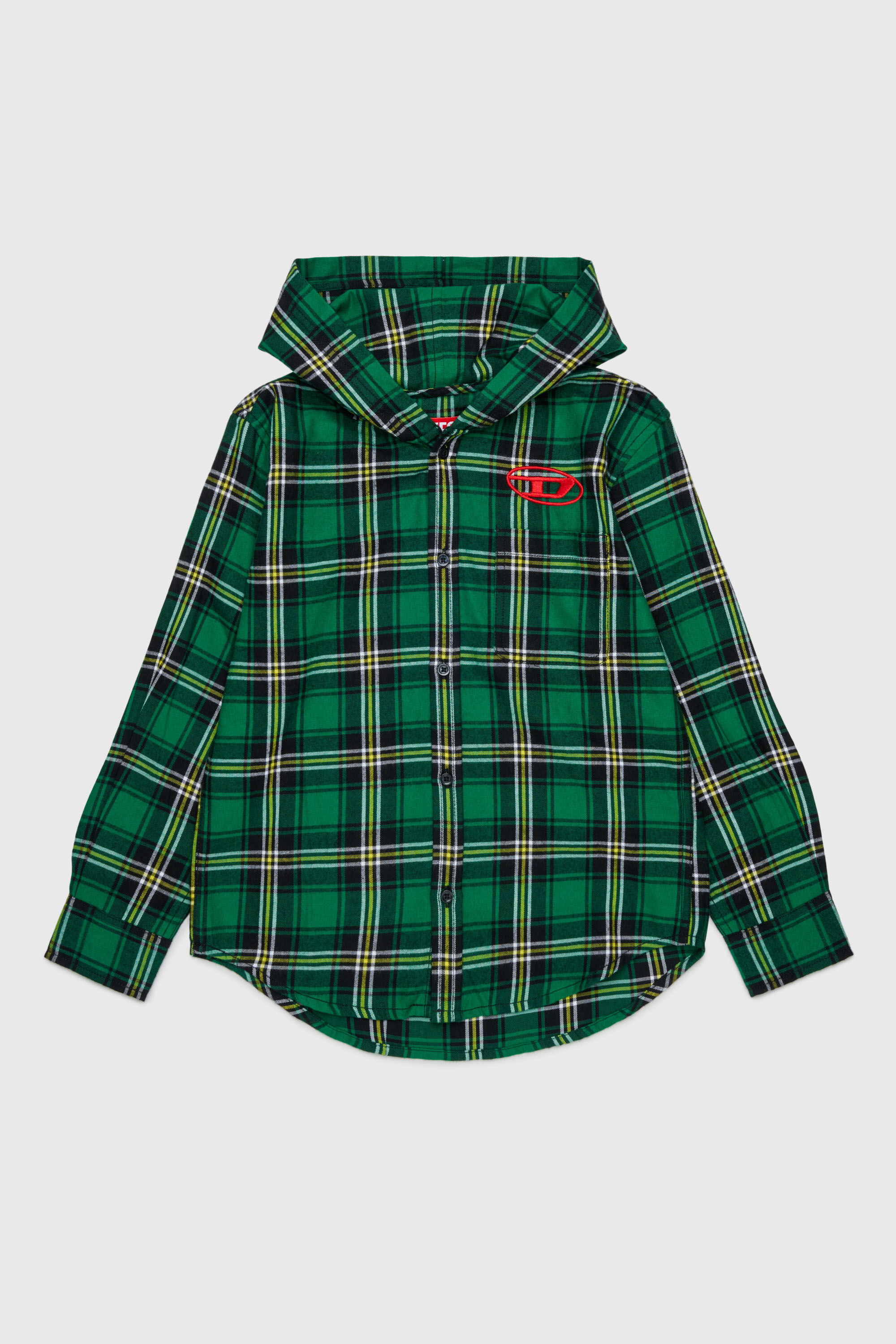 Diesel - CHECK OVER, Camicia con cappuccio a quadri con ricamo Oval D Uomo in Verde - 1