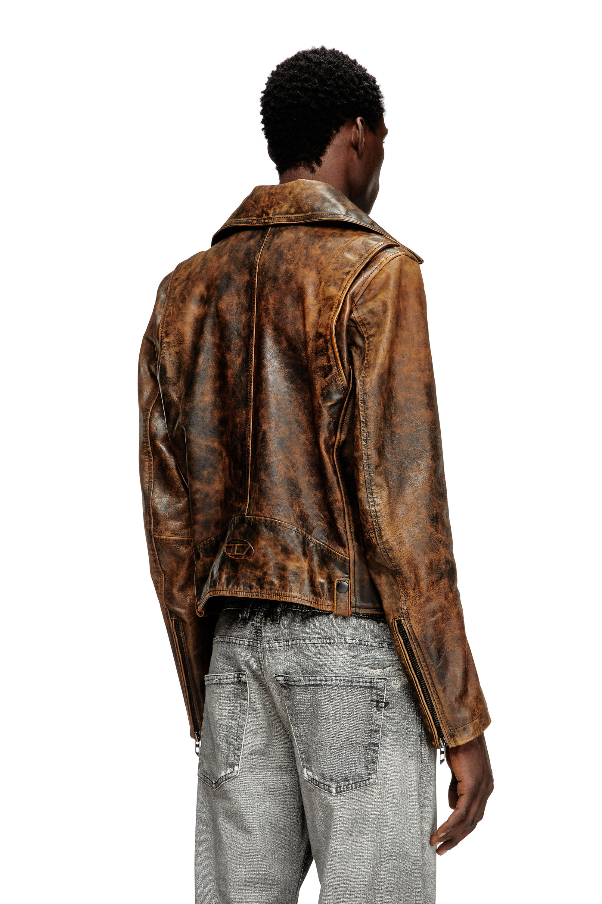 Diesel - L-EON, Giacca biker in pelle trattata Uomo in Marrone - 4
