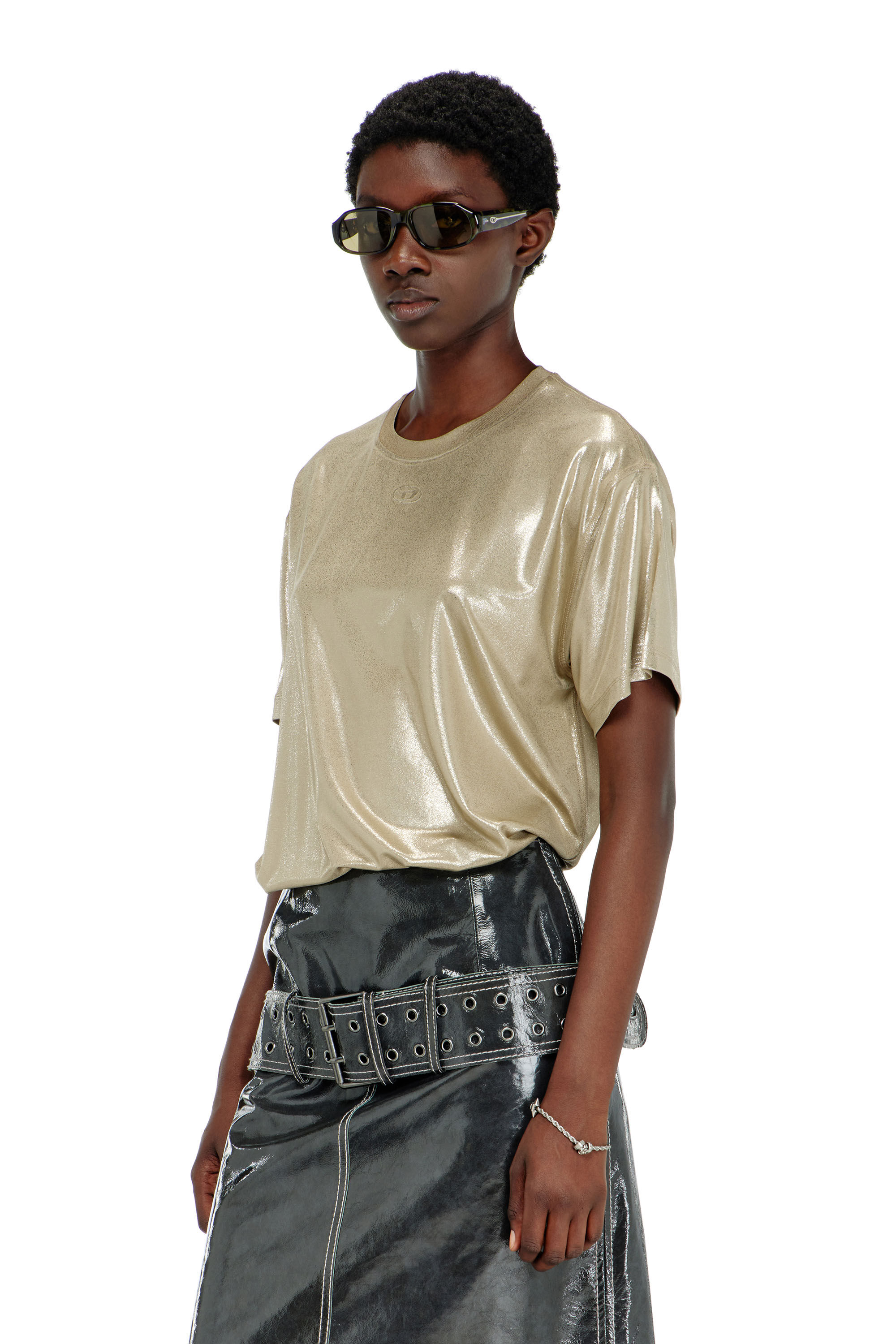 Diesel - T-NORMY-AA2, T-shirt in jersey con finitura metallizzata Donna in Beige - 3