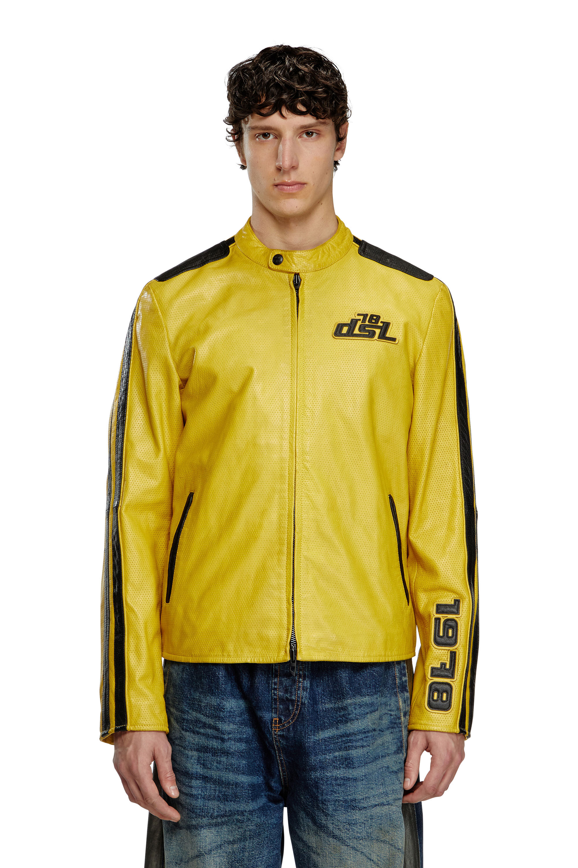 Diesel - L-POP, Giacca biker in pelle traforata Unisex in Giallo - 3
