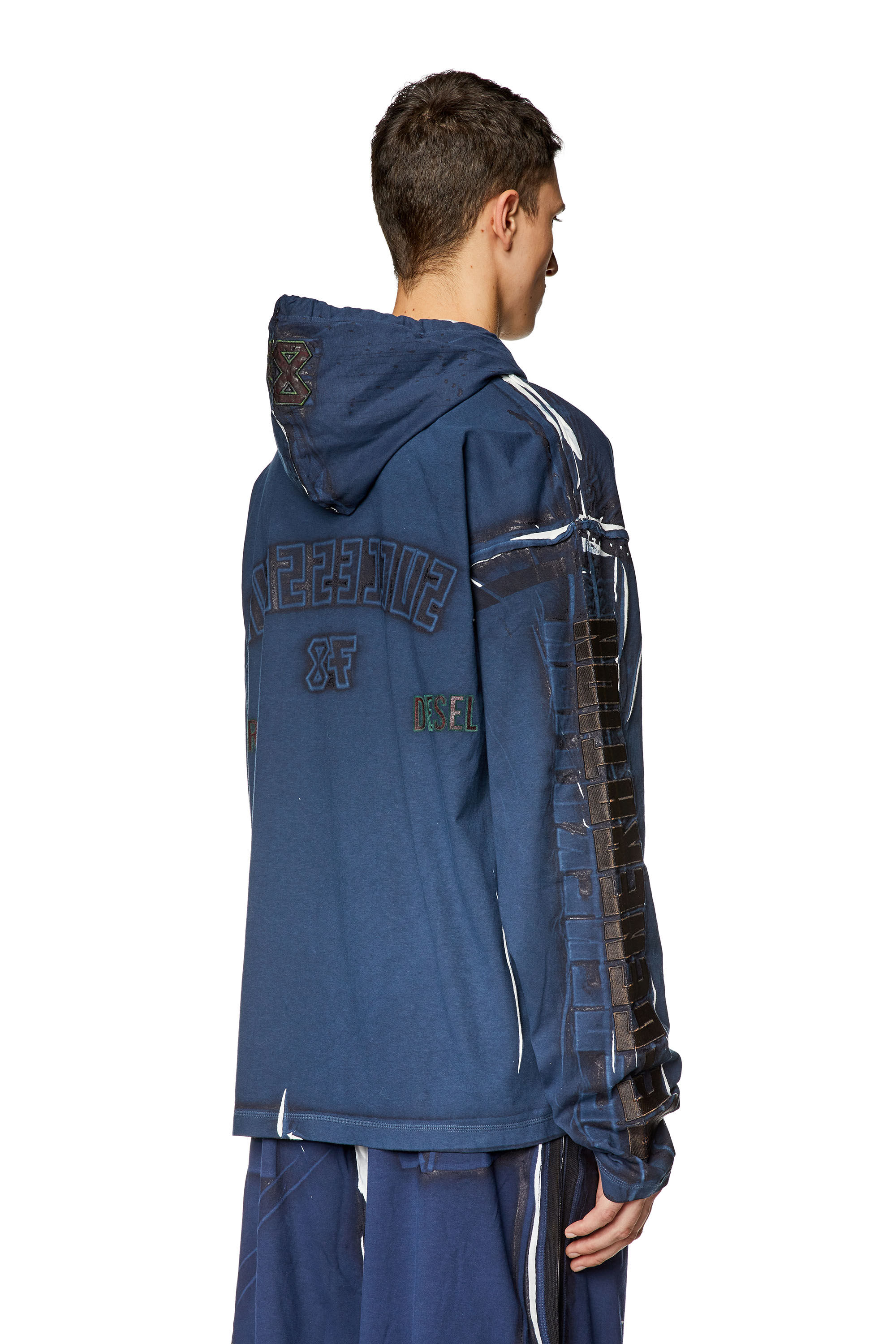 ★DIESEL★ D Enlabel Hood Blue A11669068JK01 A11669068JK01FW Men's Printed hooded top with logo appliqués | Blue | Diesel