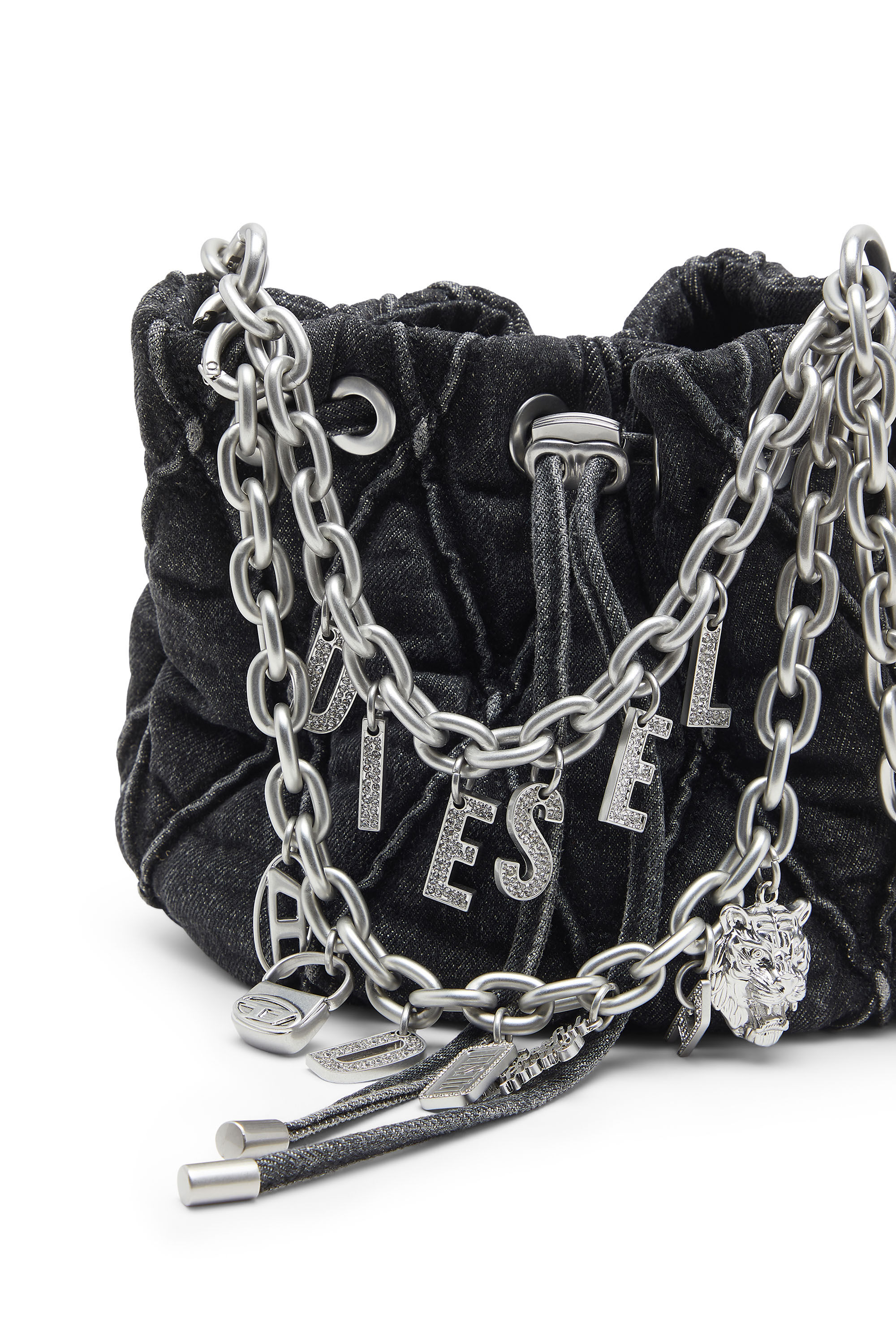 Diesel - HOSHI CHARM-D BUCKET S, Borsa bucket in denim trapuntato con charm Donna in Nero - 2