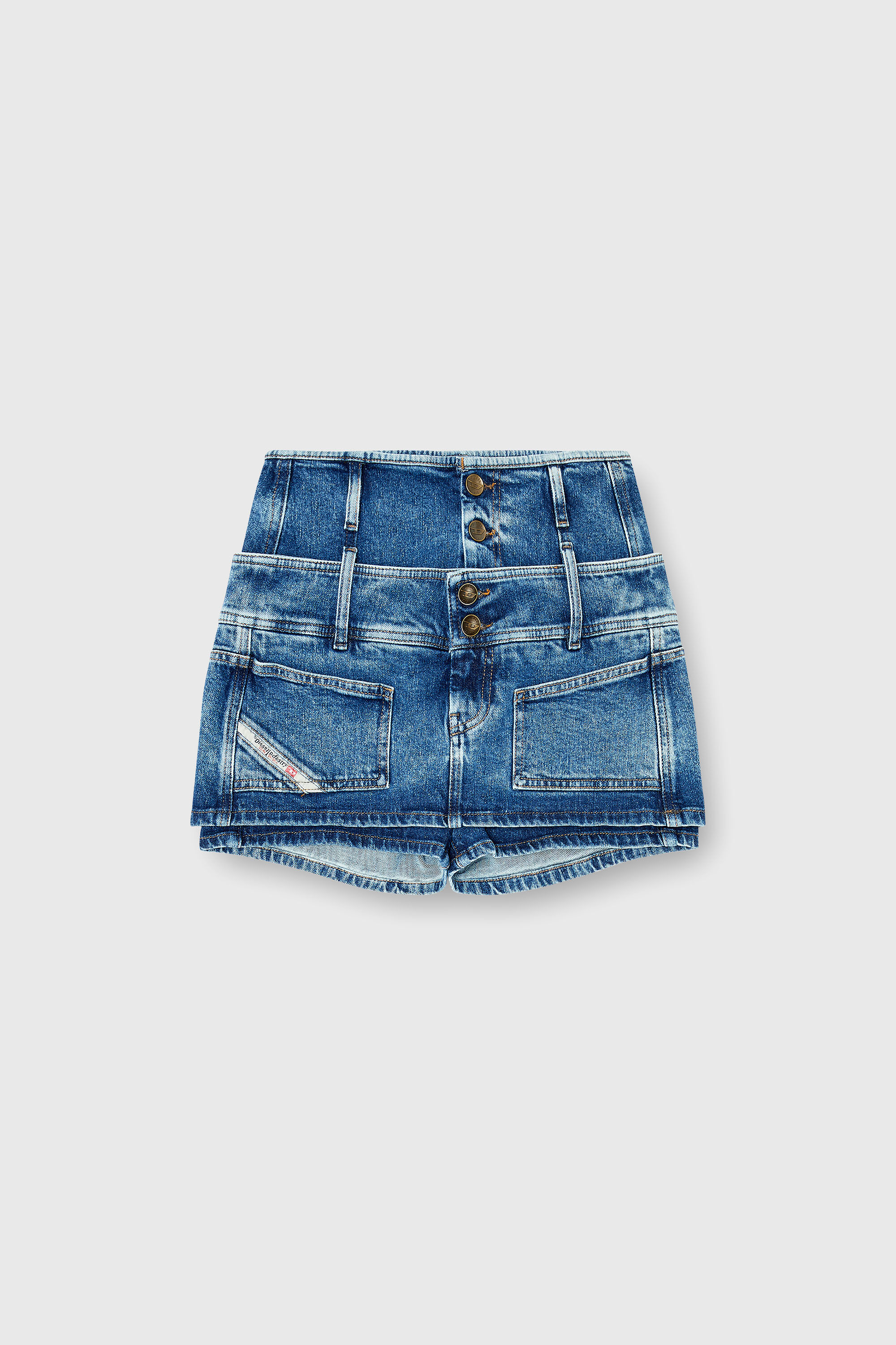 Diesel - DE-CORIVA-S, Minigonna pantaloncino in denim con doppia cintura Donna in Blu - 2