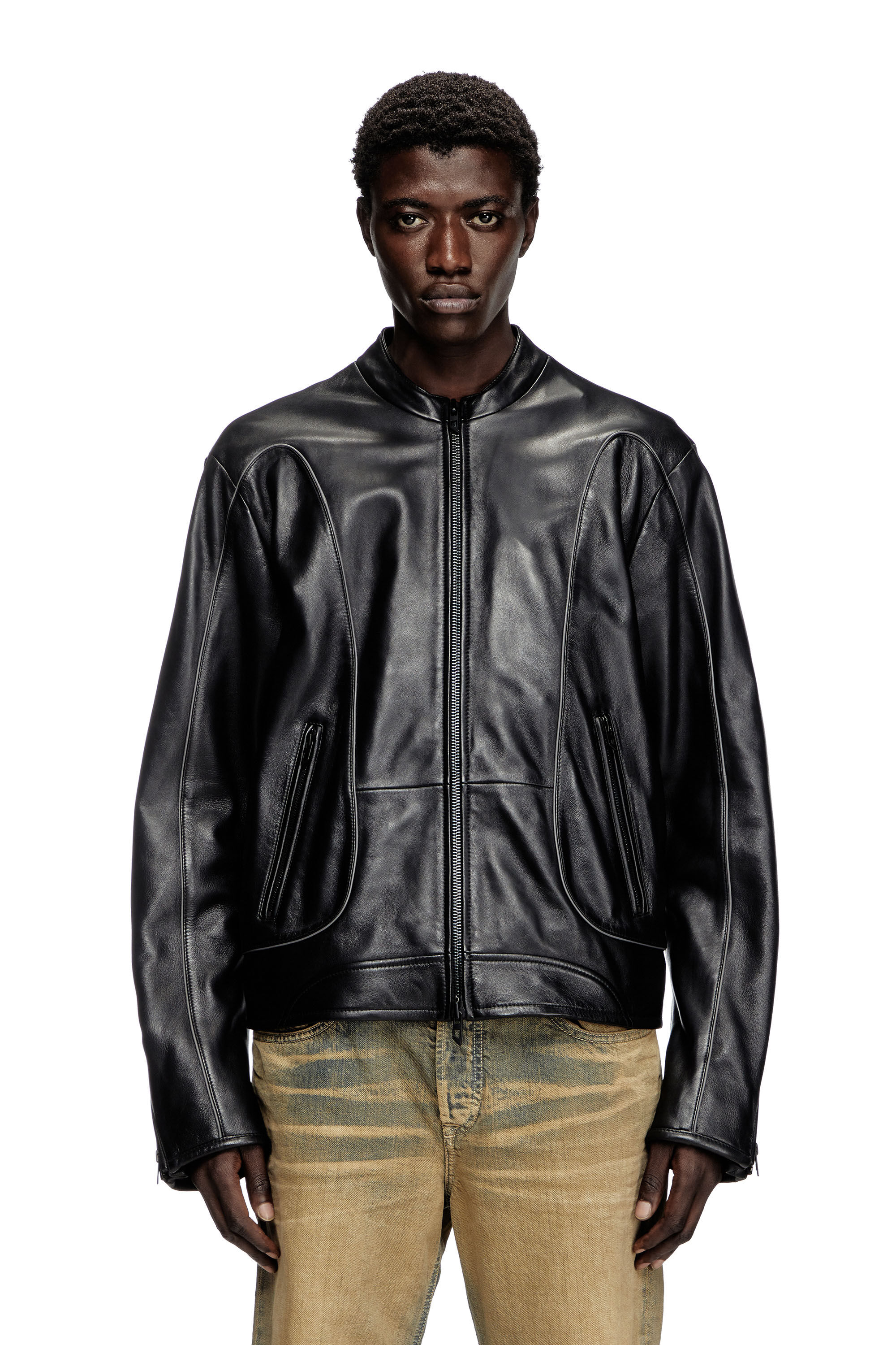 Diesel - L-KRIXY, Giacca in pelle con piping Uomo in Nero - 3