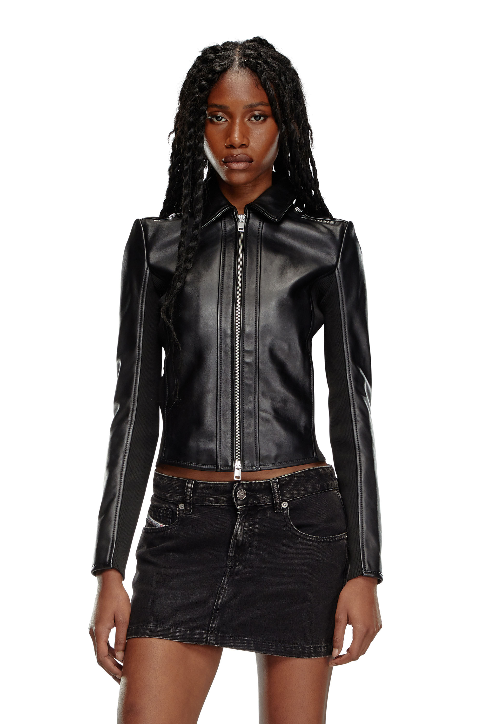 Giacca biker in pelle con pannelli a costine Donna Nero Diesel