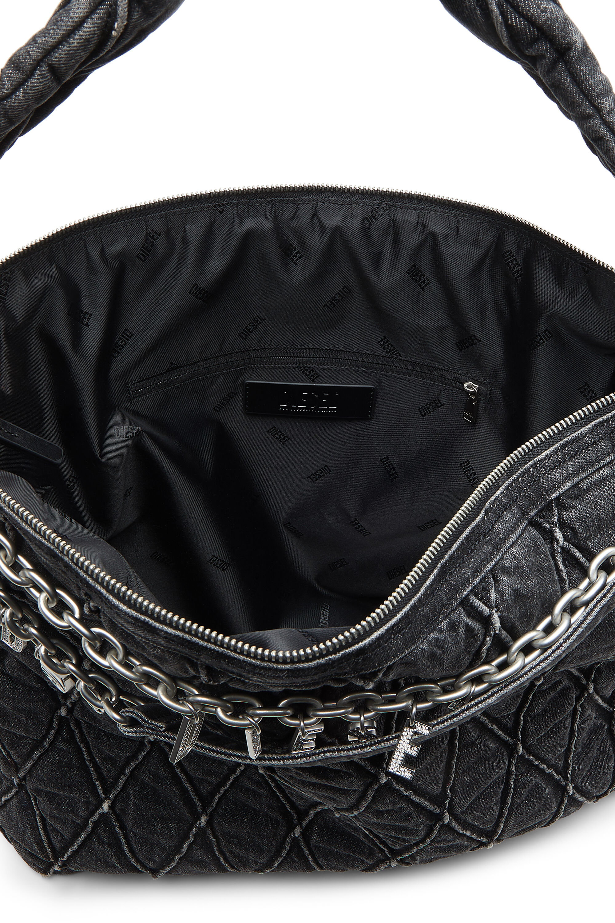 Diesel - HOSHI CHARM-D HOBO, Borsa hobo in denim trapuntato con charm Donna in Nero - 5
