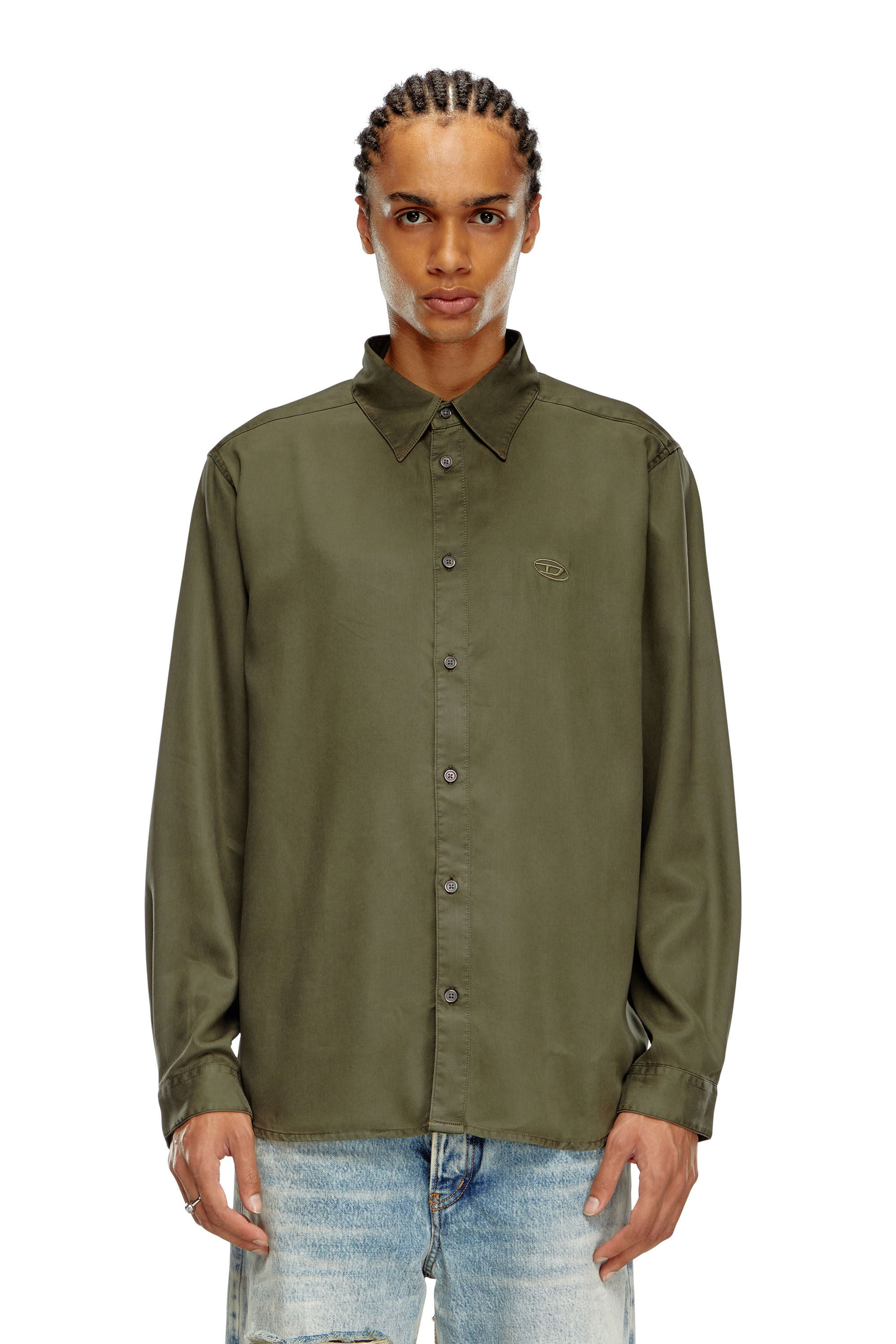 Camicia fluida con ricamo logo Uomo Verde Diesel