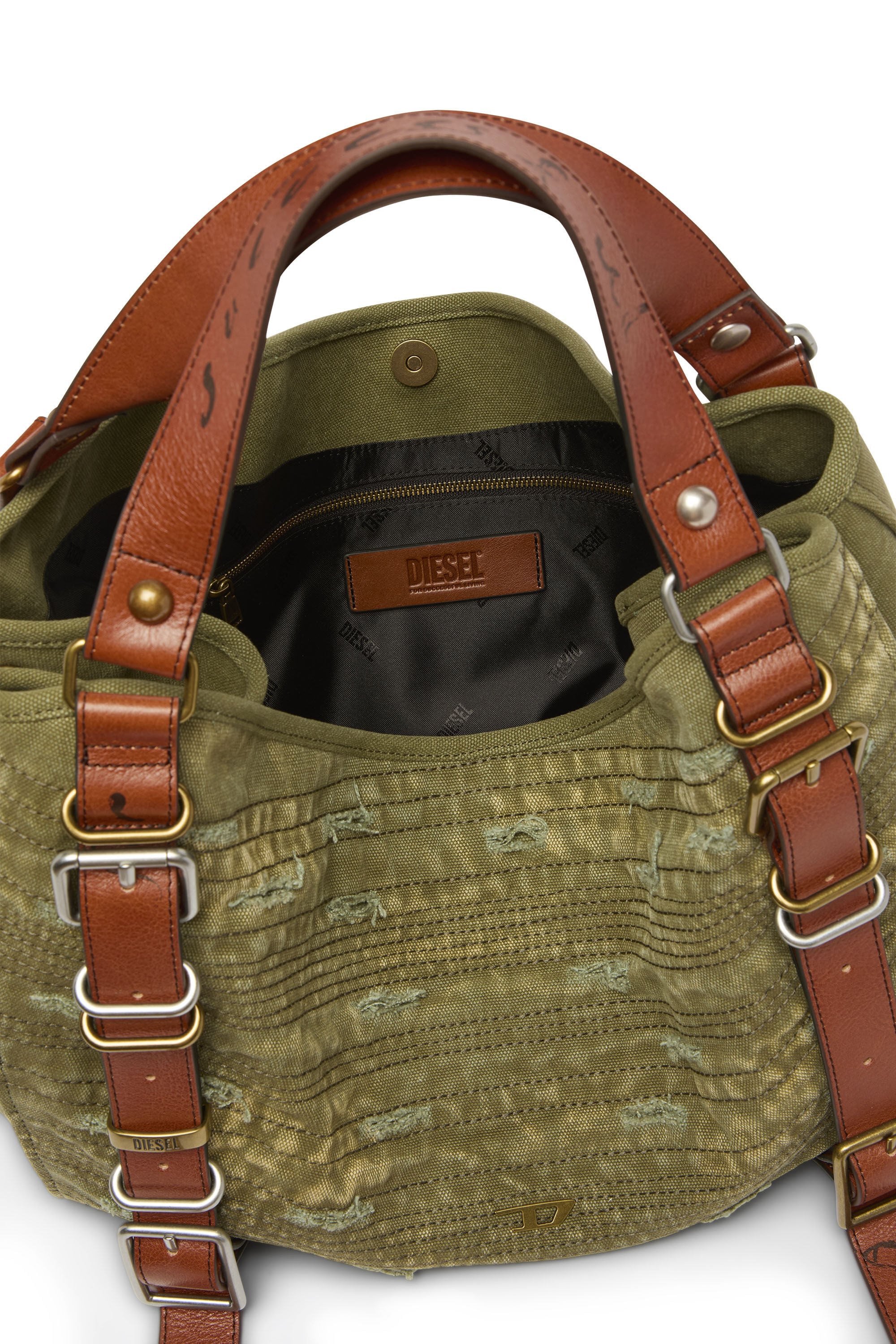 Diesel - D-ONE TOPHANDLE M, D-One-Borsa media a mano in tela effetto distressed Unisex in Verde - 4