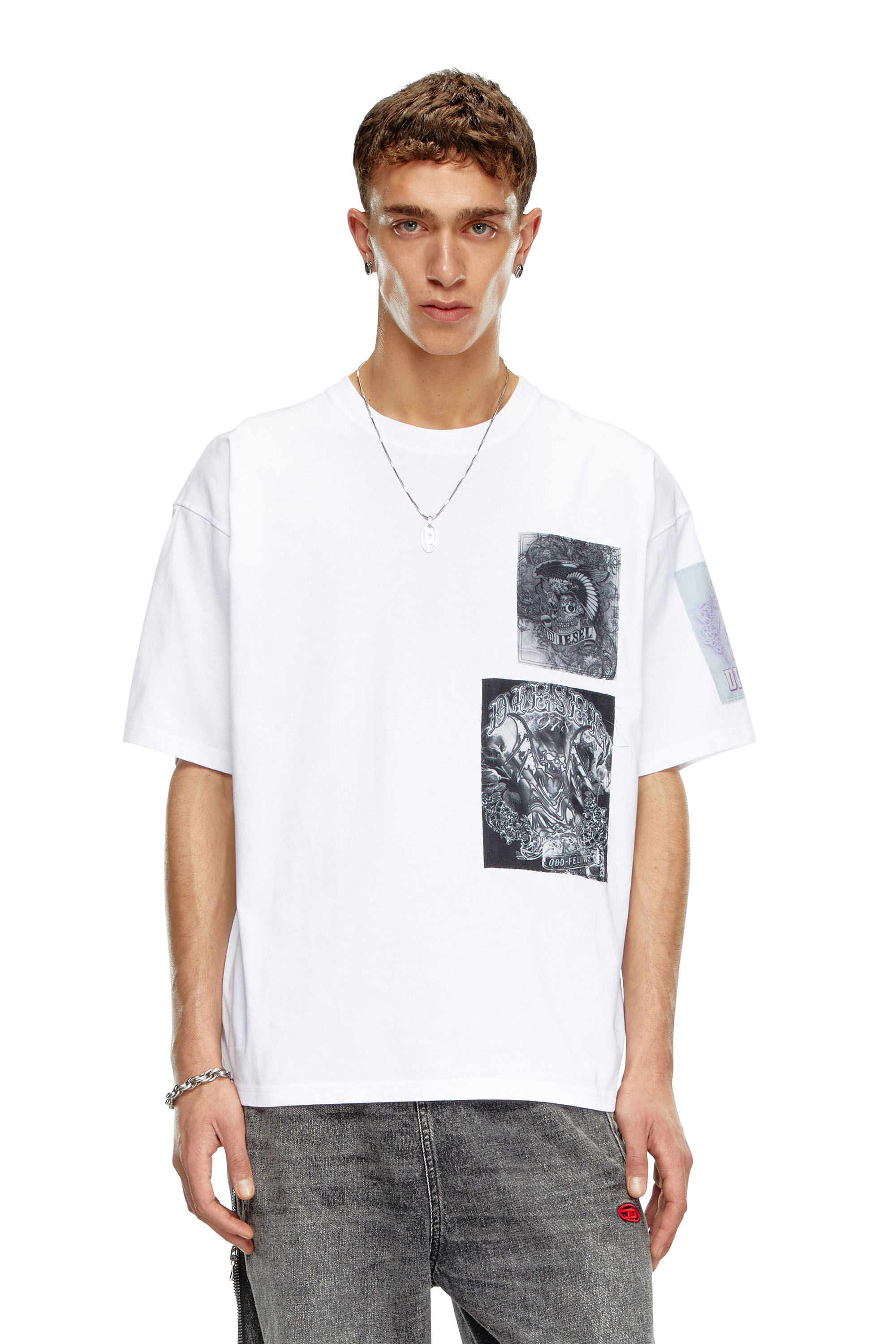 T shirt con patch stampate e sfrangiate Uomo Bianco Diesel