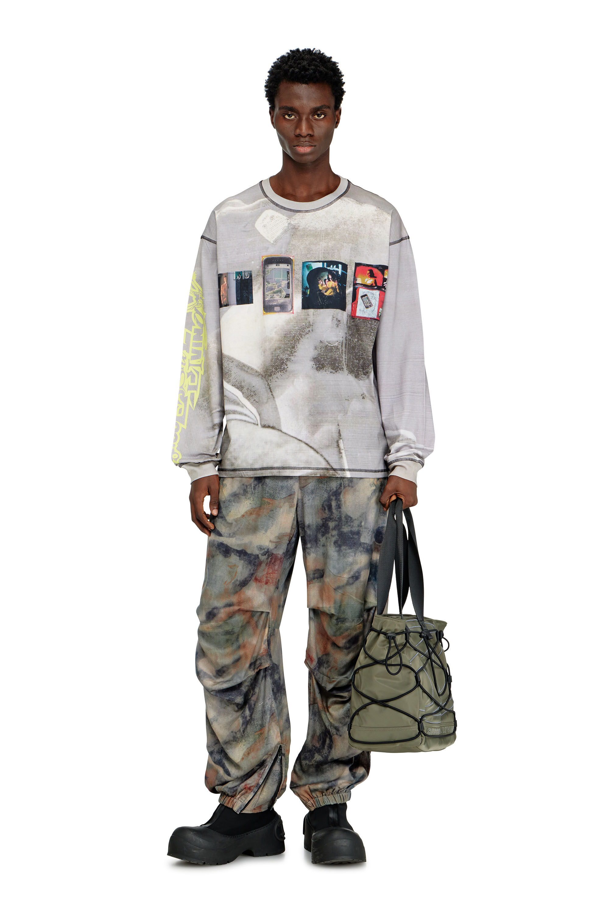 Diesel - T-BOXT-LS-V3, T-shirt a maniche lunghe con stampa all-over e applicazioni Uomo in Grigio - 1