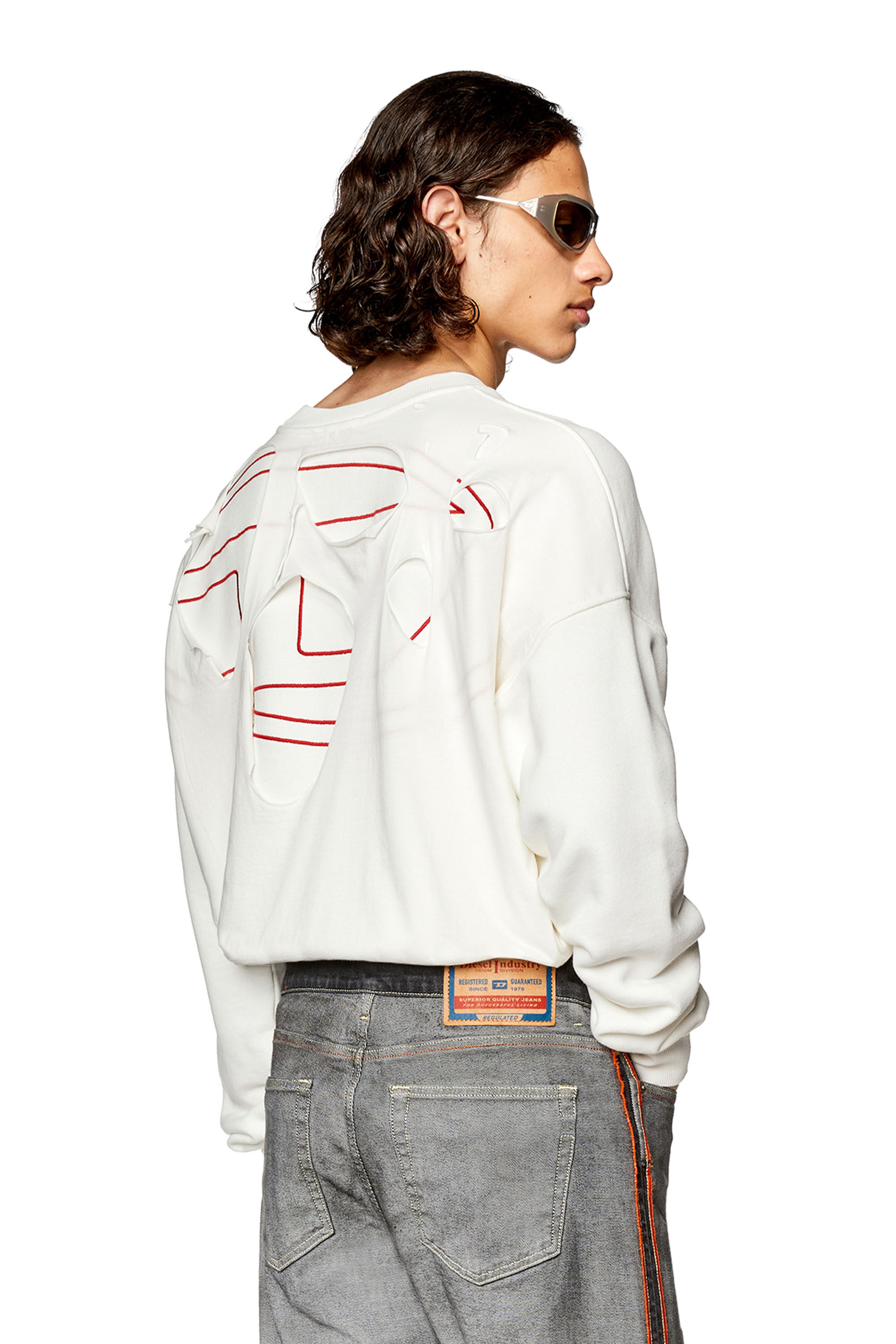 Felpa strappata con logo ricamato Uomo Bianco Diesel